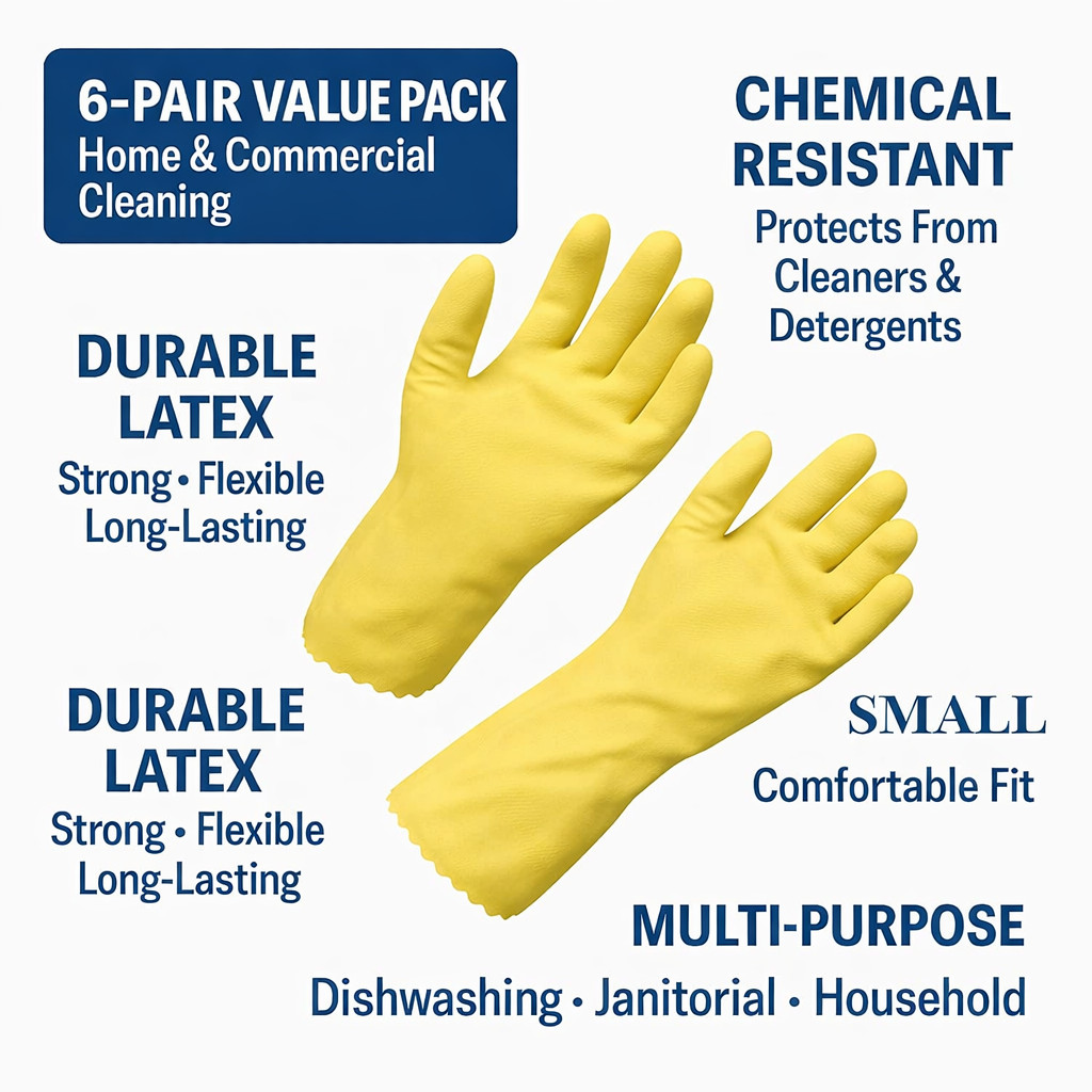 6 Pairs Yellow Latex Dishwashing Gloves Medium Reusable Cleaning Gloves