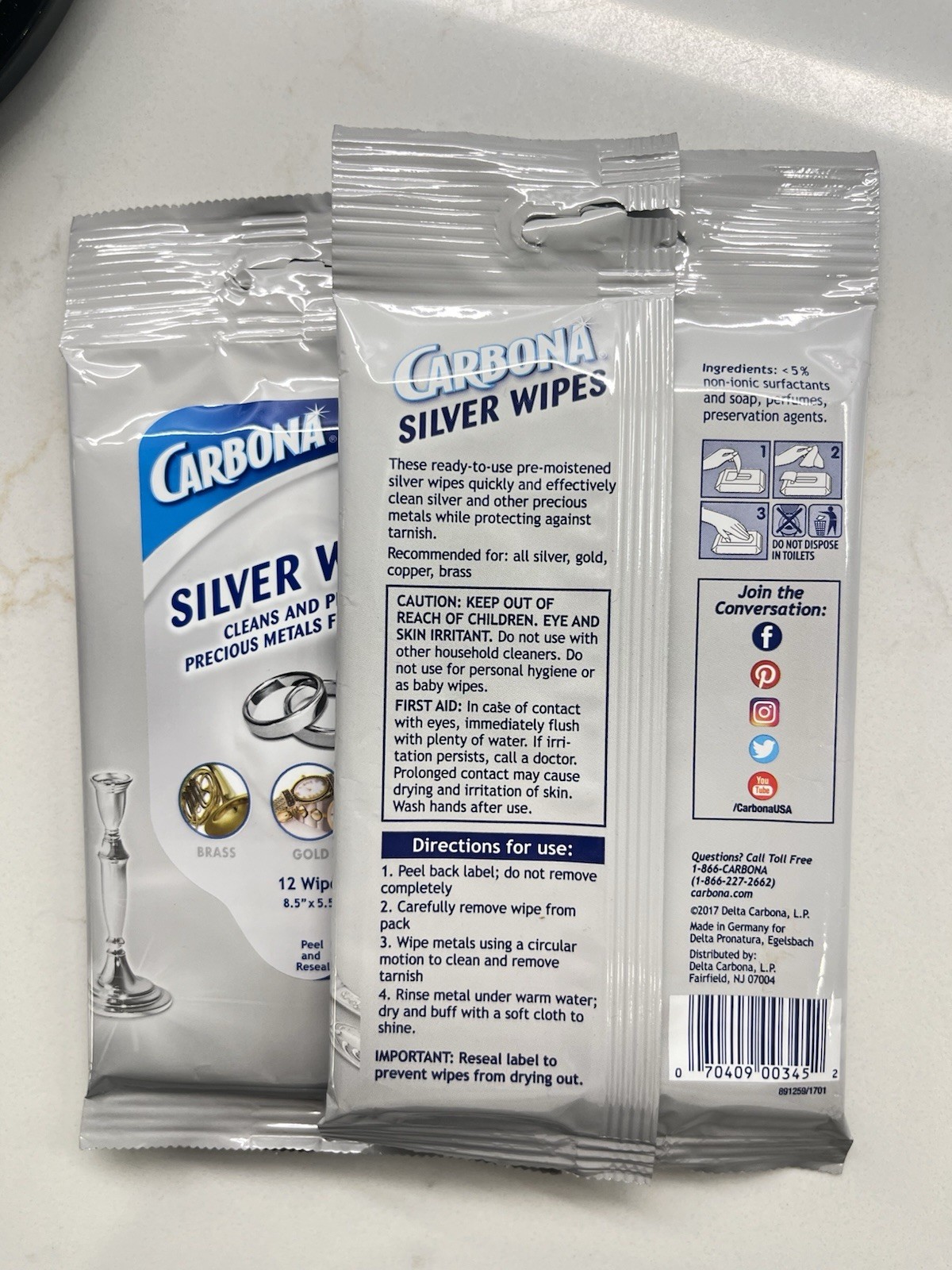 Carbona 24 Count Silver Wipes Cleans Polishes Protects Brass Gold Copper