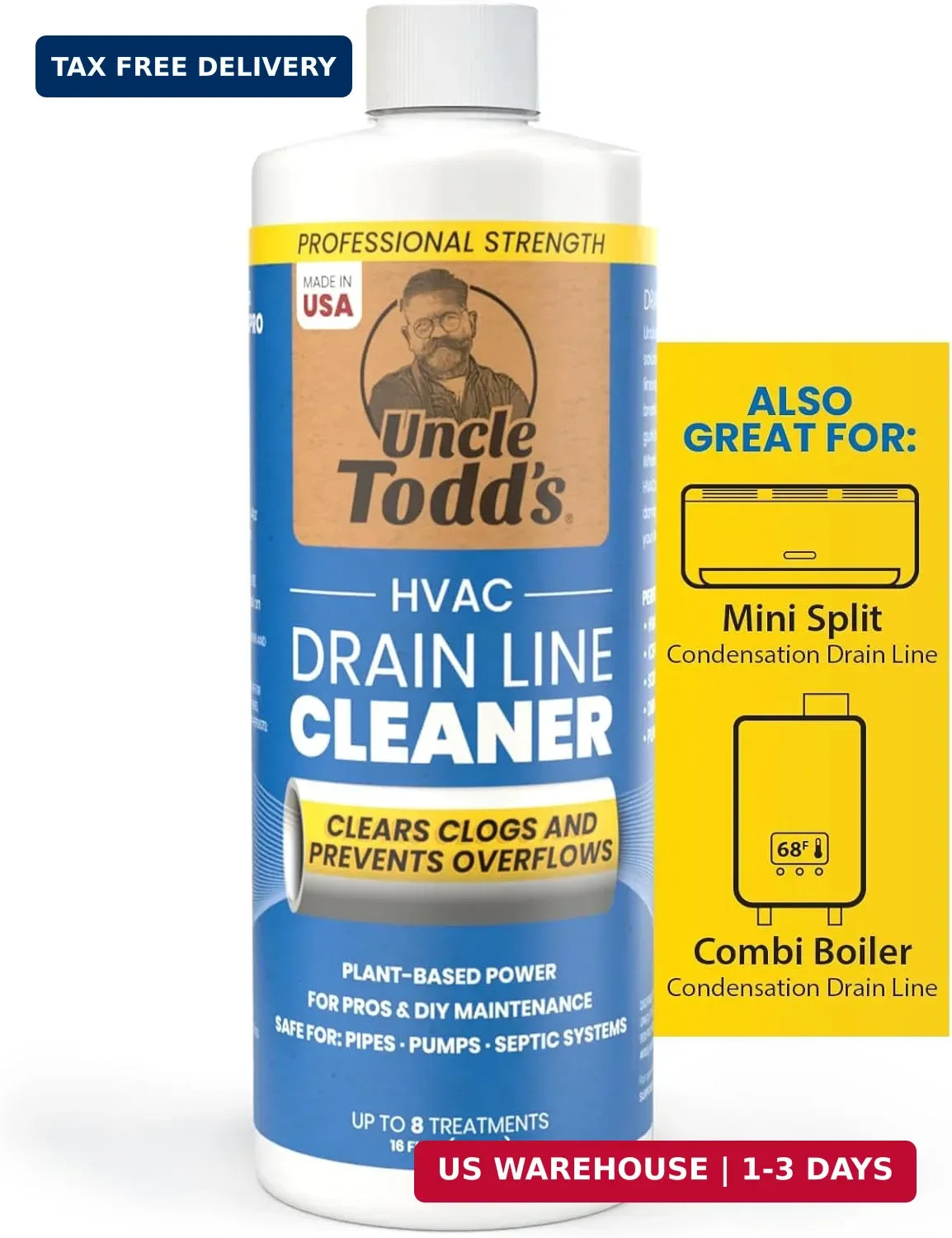 Uncle Todd’s HVAC Drain Line Cleaner – 16oz / 8 Months Supply Bleach-Free, Fast-