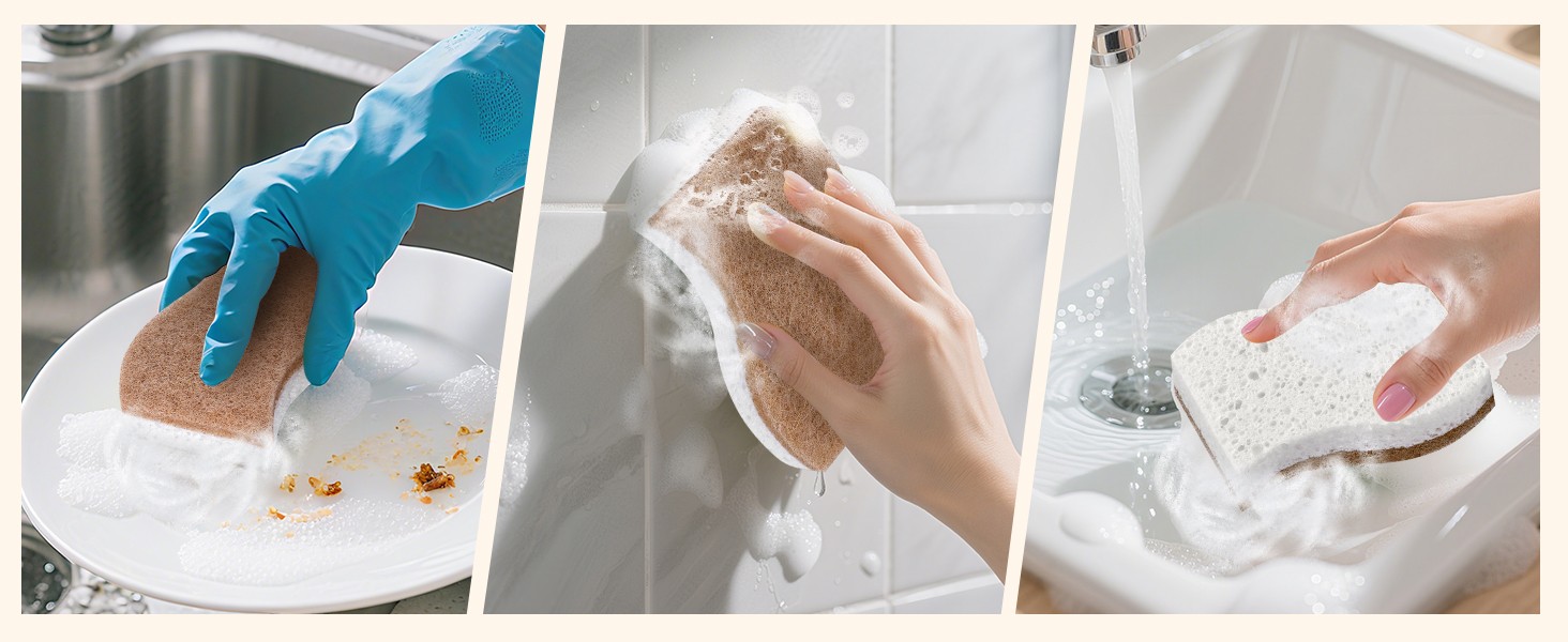 12Pack Natural Kitchen Sponge, Biodegradable Cellulose and Coconut Scrubber, Eco