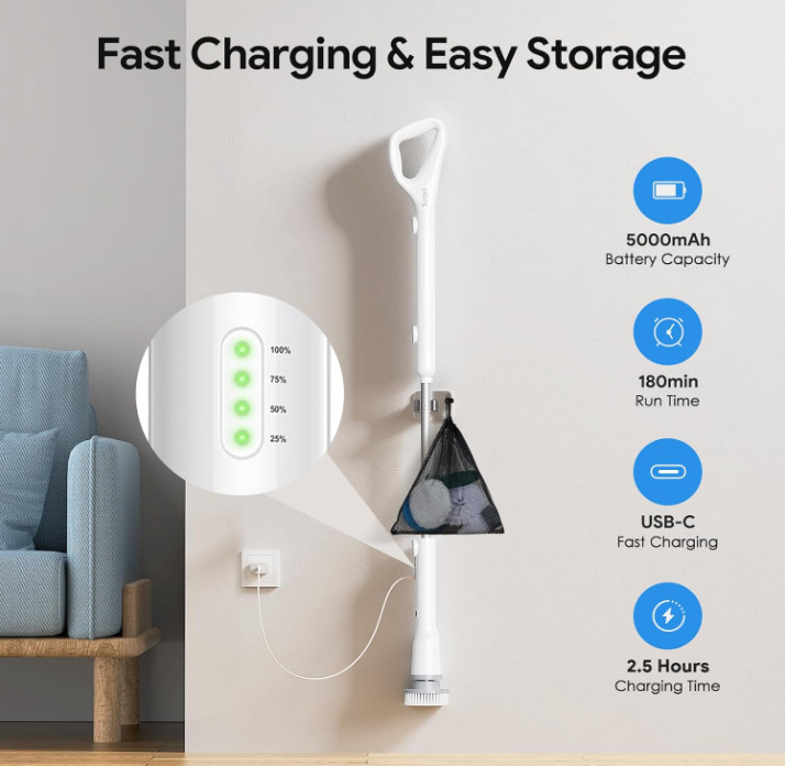 Cepillo Eléctrico Limpieza Baño Inalámbrico 7 Cabezales 3 Vel IPX7 Mango Largo