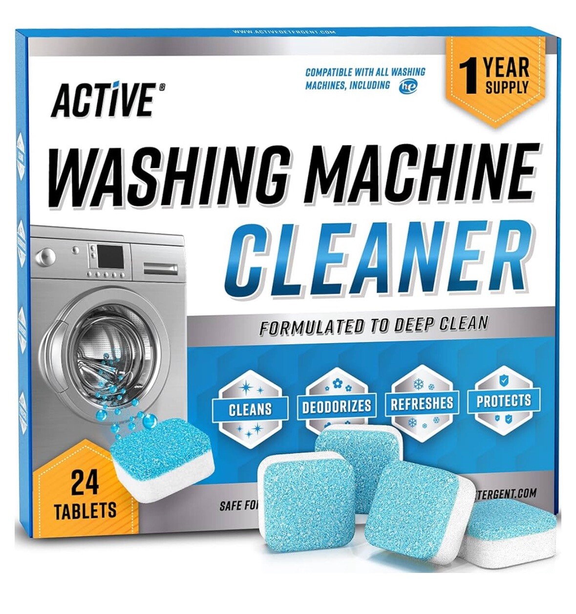 Active Washing Machine Cleaner Descaler – 24 Pack Front Loader & Top Load Washer