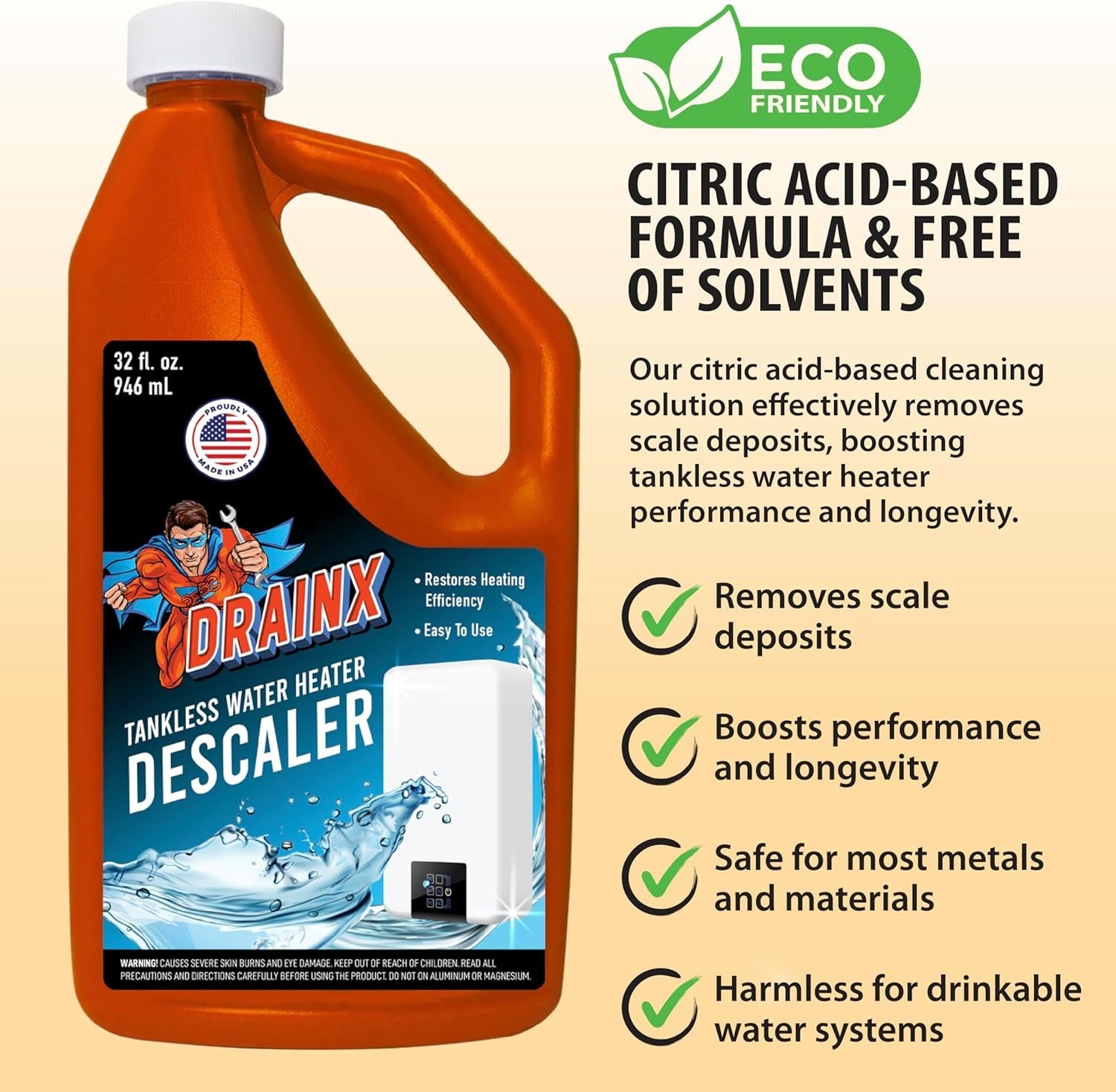 Tankless Water Heater Flushing Kit, Eco-safe Liquid Descaler and 1/6HP Pump