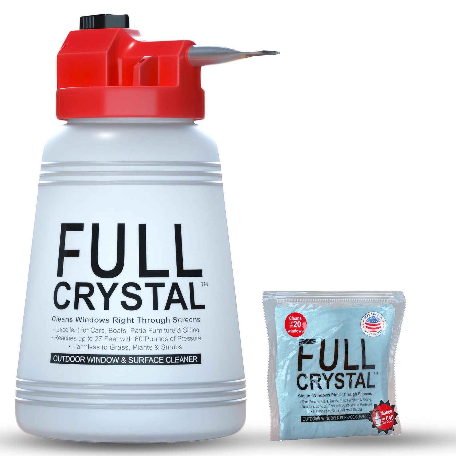Crystal Window Cleaning Kit – 16 oz Glass Cleaner and Bottle with 27 ft Reach, E