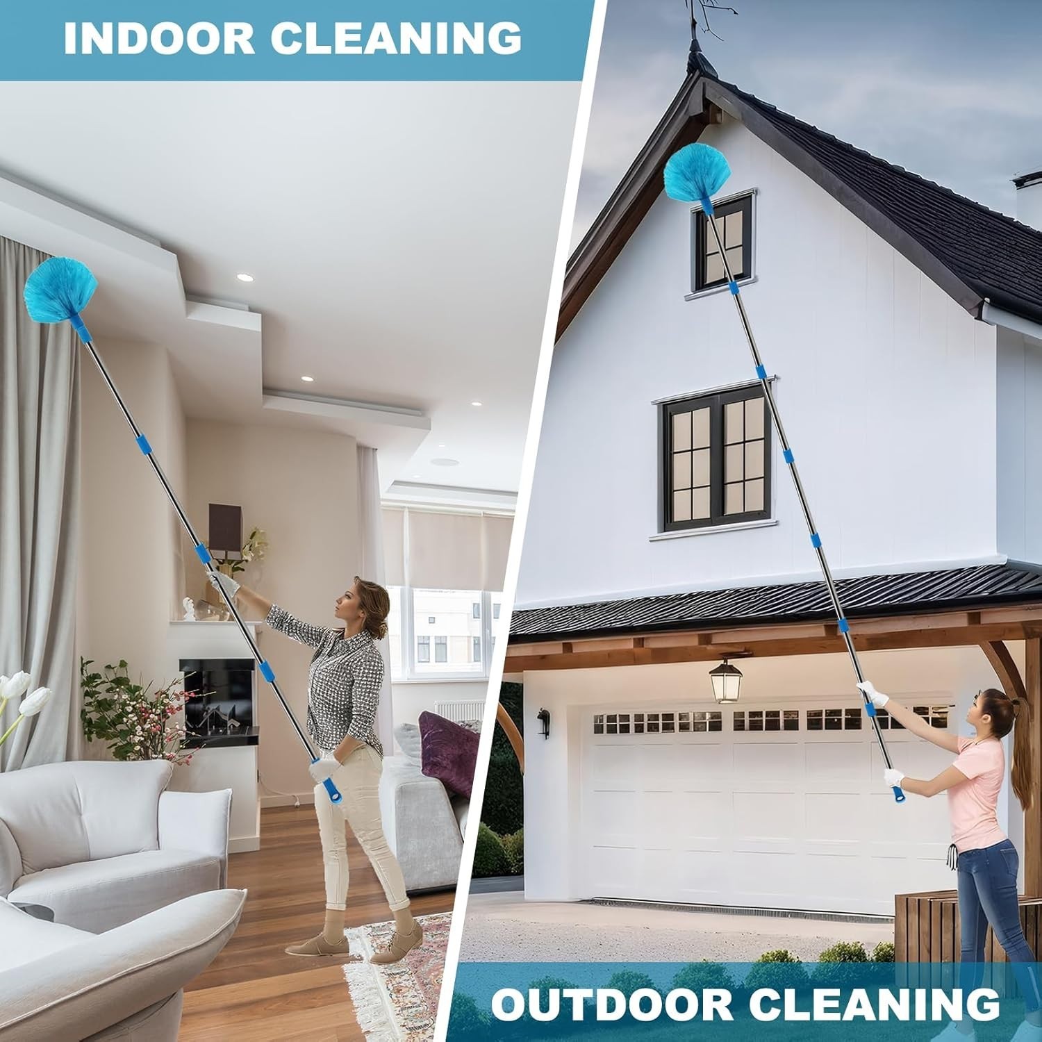20+ Ft High Reach Ceiling Fan Duster & Cobweb & Corner Brush Duster with 3-13 ft