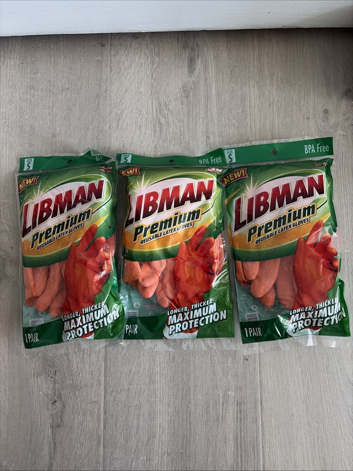 Libman Premium Reusable Orange Latex Gloves, NEW, 3 Pairs, Size Small