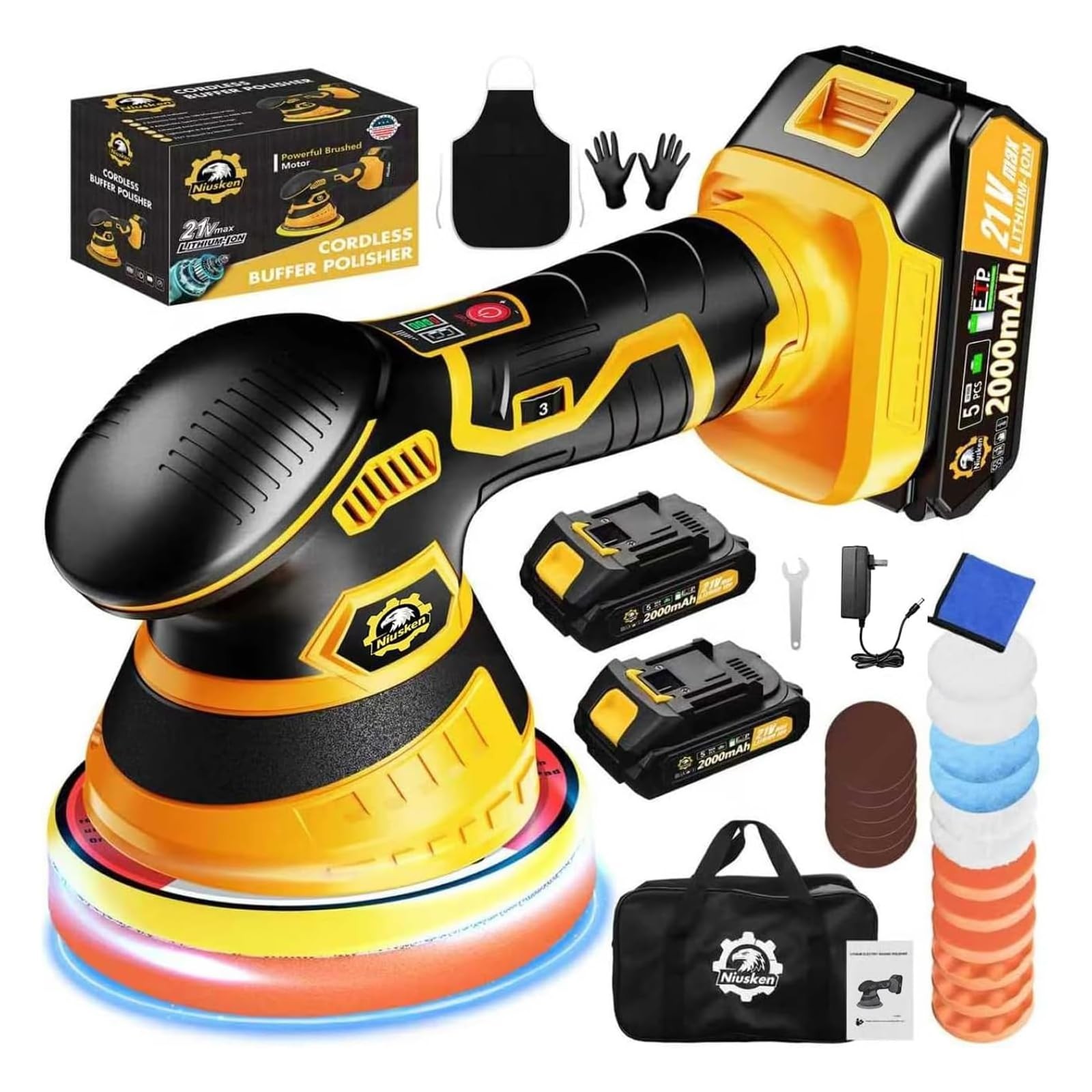 Cordless Car Buffer Polisher kit [2x 2000mAh 21V Batteries & 18 PCS Attachmen…