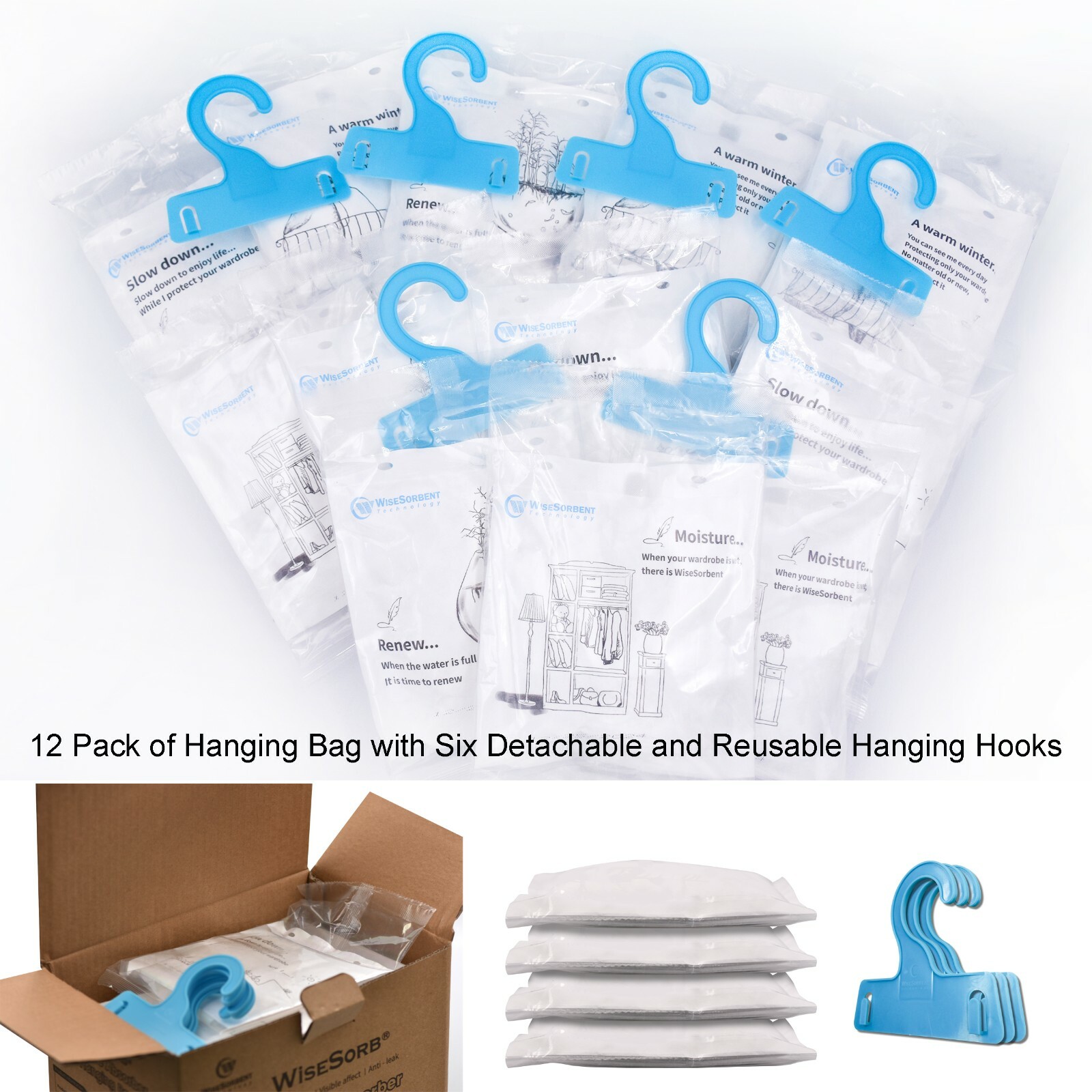 Wisesorb Moisture Absorber Refill Hanging Bags 12 Pack (7 oz. ea.) 6psc Hooks