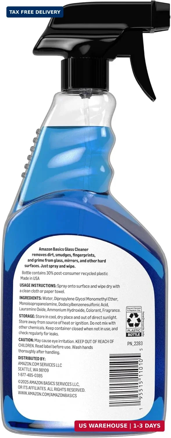 Amazon Basics Glass Cleaner, Streak-Free Shine, 32 Fl Oz, Pack of 2 with 1 Spray