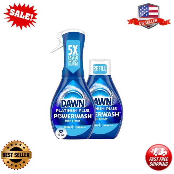 Dawn Powerwash Spray, Dishwashing Liquid, Fresh, 1Starter Kit +1Refill, 32 Fl Oz