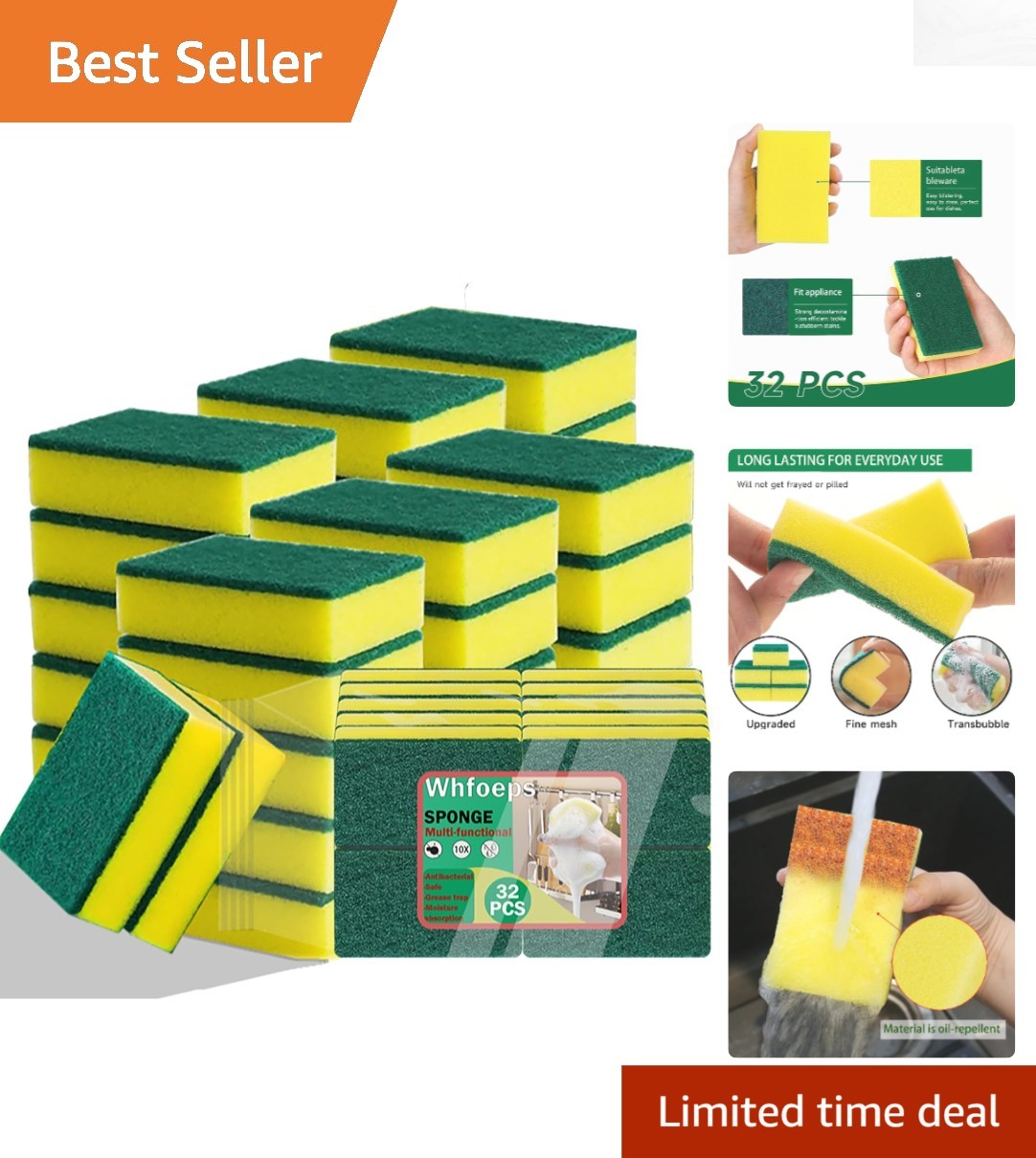 Multi-Purpose Non-Scratch Sponges – 32 Count for Stovetops, Dishes & Appliances