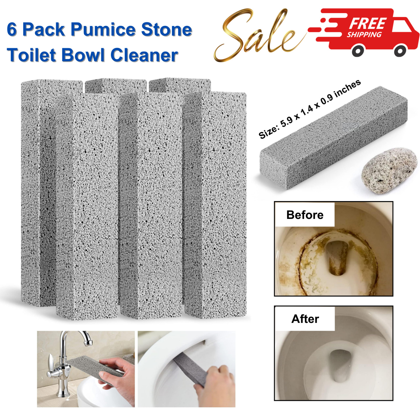 6 Pack Pumice Stone Toilet Bowl Cleaner, Removes Hard Water Rings,Stains&Buildup