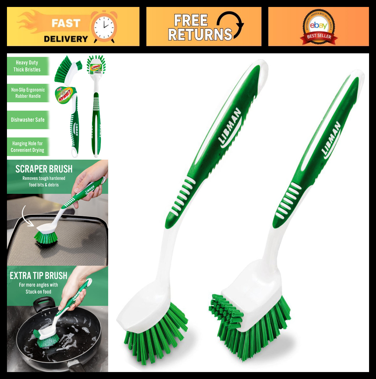 Long Handle Dish Brush Set – Deep Cleaning Scrubber & Scraper for Dishes, Sinks,
