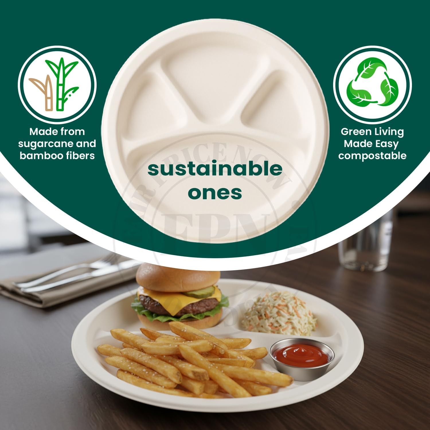 FPN Plates 4-Compartment 12 X 12 Inch 250 Pack Disposable Plates – Sugarcane F