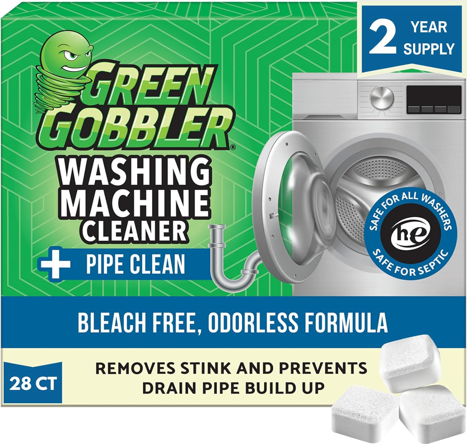 Premium Washing Machine Cleaner & Deodorizer Tablets with Pipe, Drain & Hose Cle