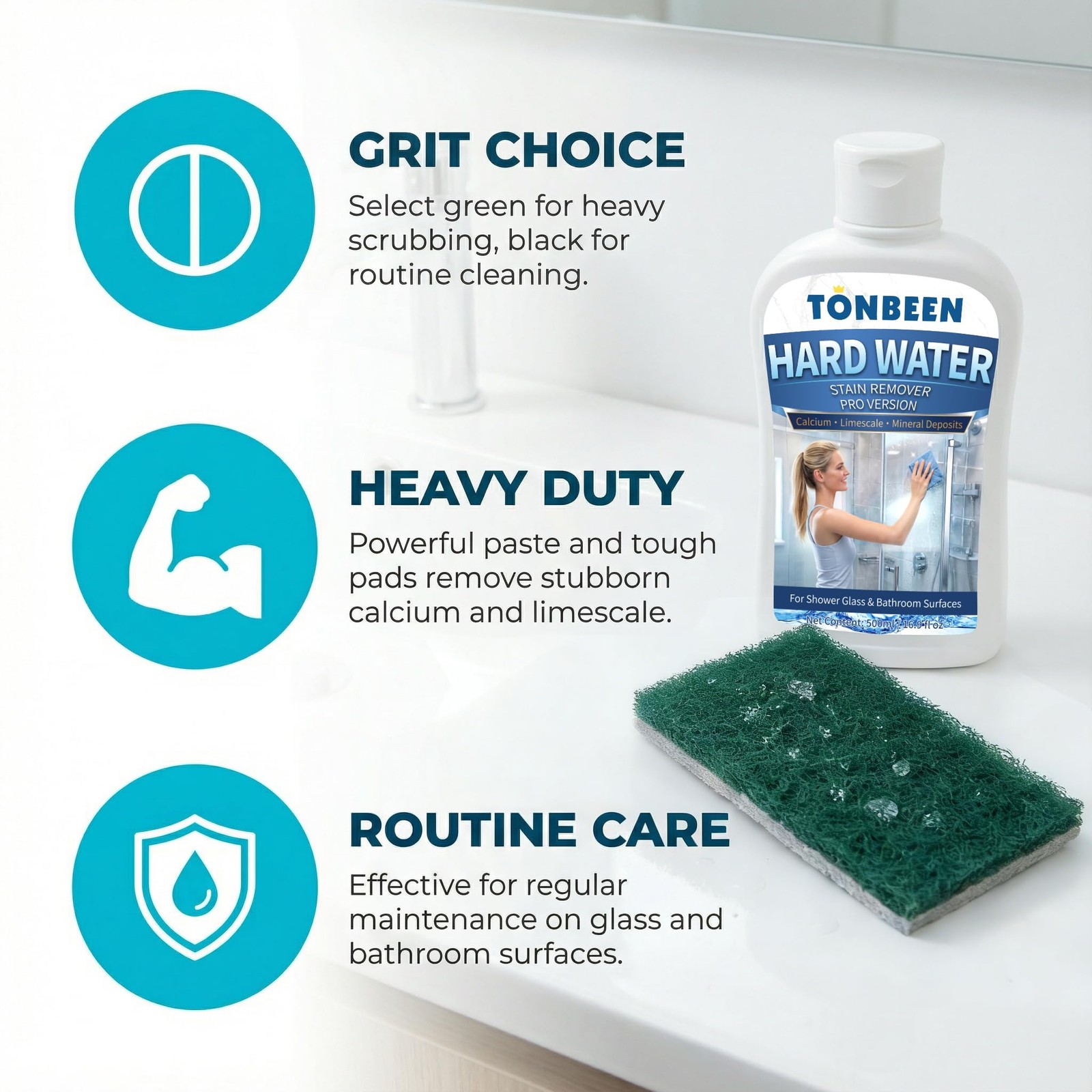 TONBEEN Hard Water Stain Remover Paste with 800 & 1200 Grit Pads, 500ml