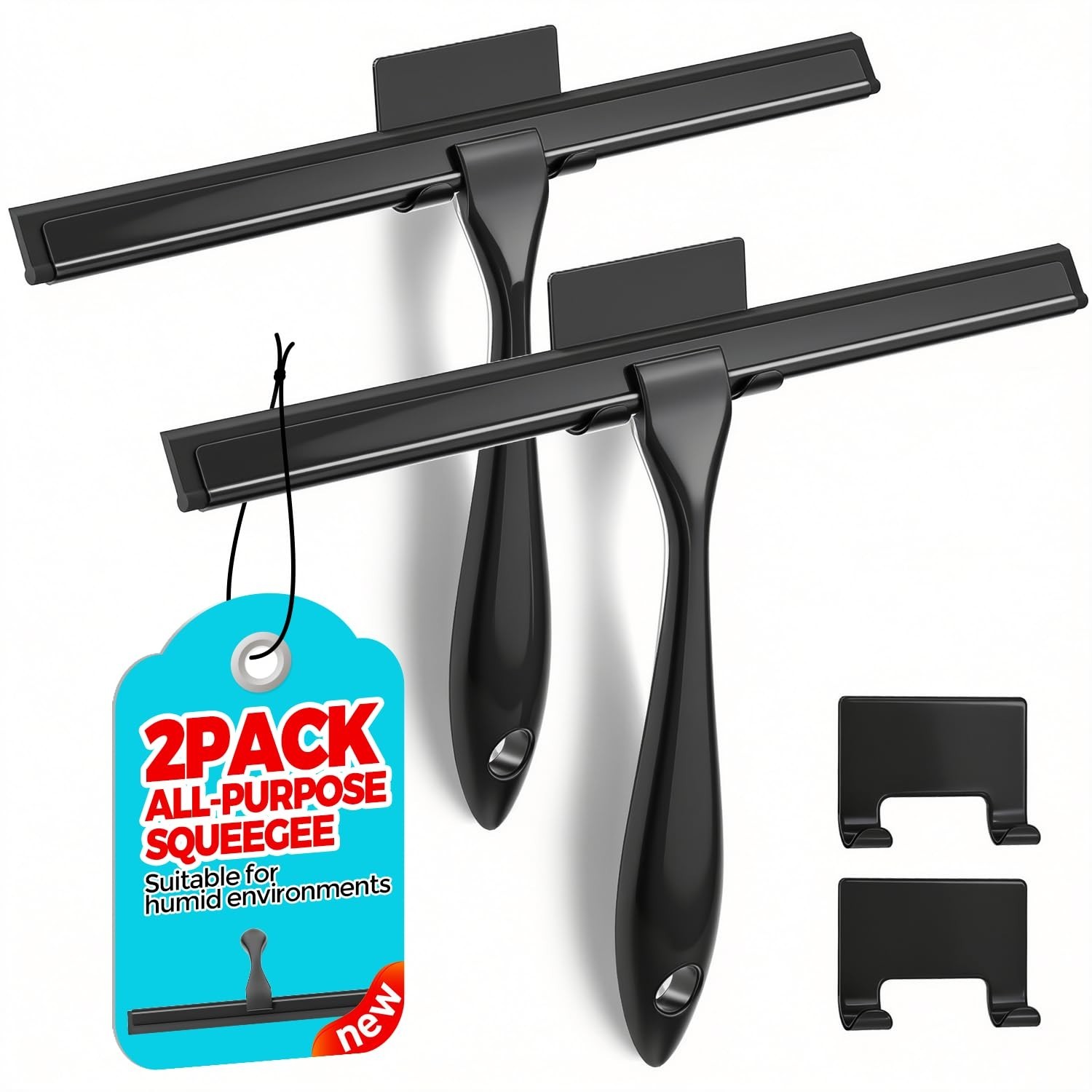 12″ Shower Squeegee 2-Pack – Stainless Steel, Black for Glass, Tiles, Windows &