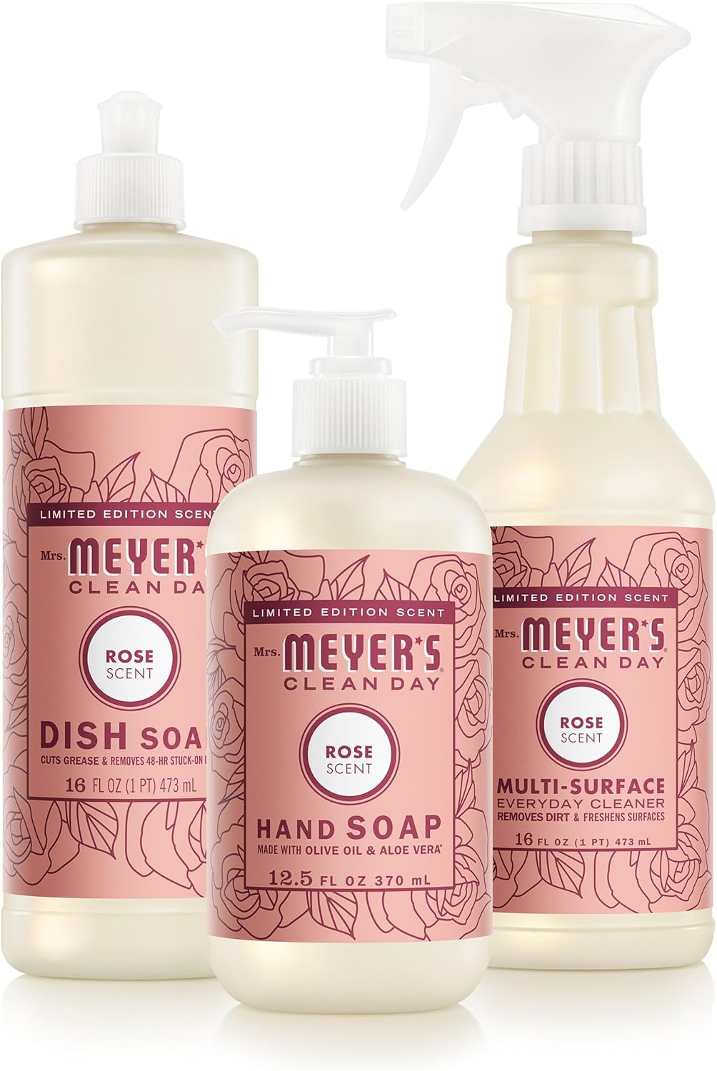 Mrs Meyers Kitchen Basics Set Rose Scent Hand Soap Dish Soap Surface Spray Kit