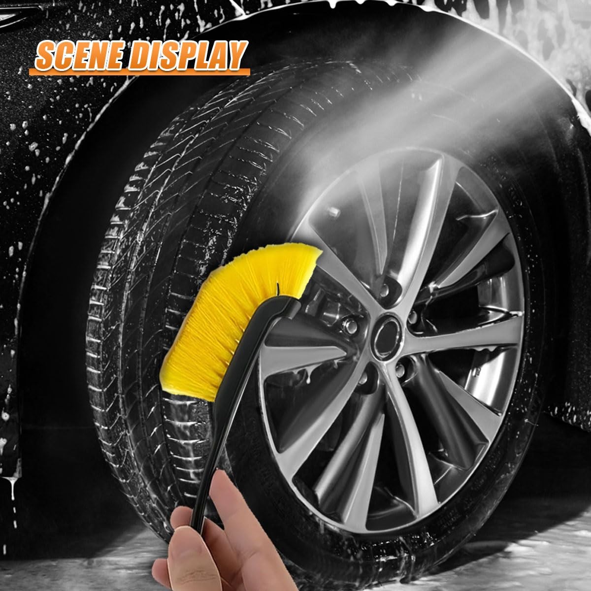 Car Wheel Cleaning Brush, 12” Hard Bristle Auto Tire Gap Scrub Brush with Lo…