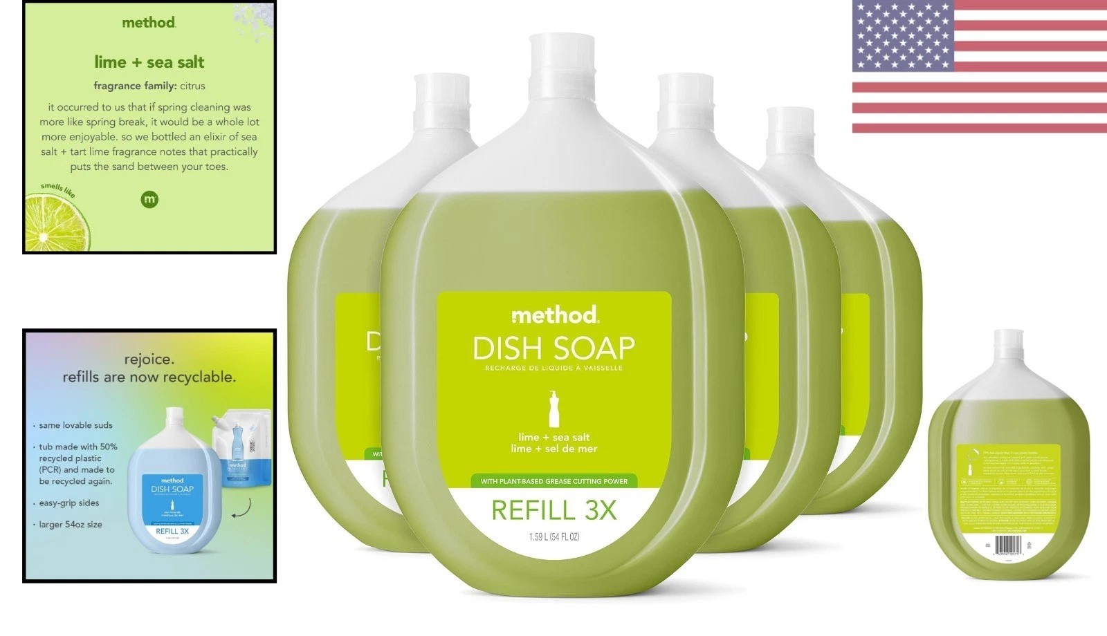 Eco-Friendly Dish Soap Refill Pack of 4, Plant-Based Gel, Powerful Grease Cutter