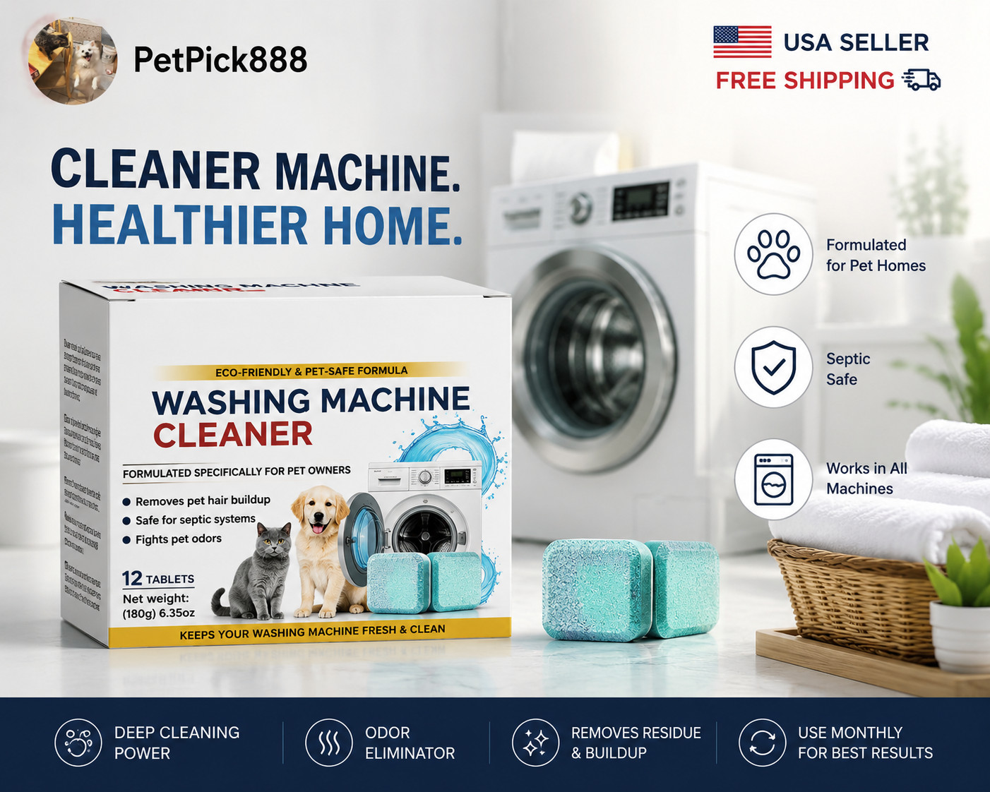 Washing Machine Cleaner Tablets for Pet Owners Deep Clean Odor Remover 12 Pack