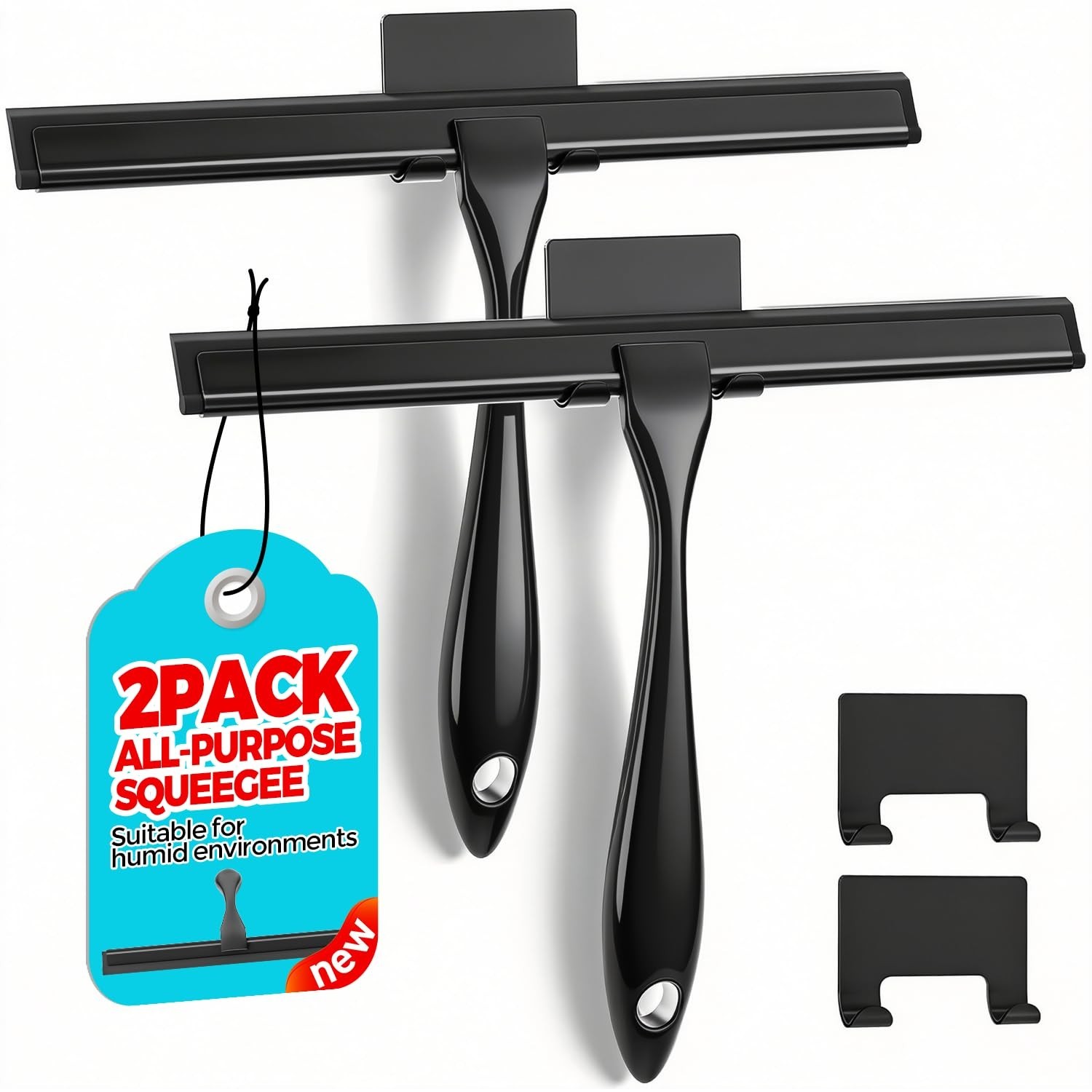 2-Pack 10″ Black Shower Squeegee Set for Glass, Tile, Bathroom, Windows & Mirror