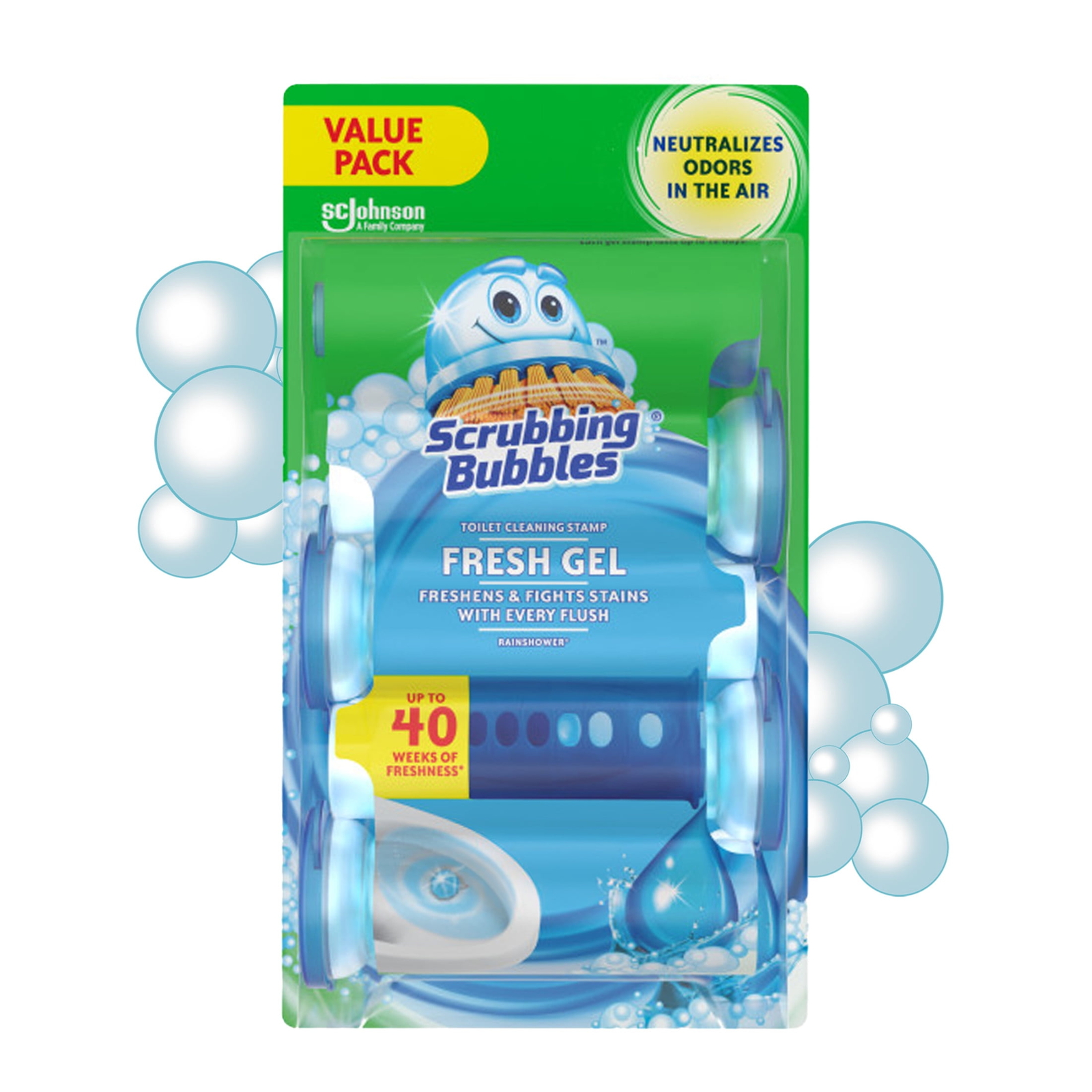 Fresh Gel Toilet Cleaning Stamp, Rain shower, Dispenser with 4 Refills