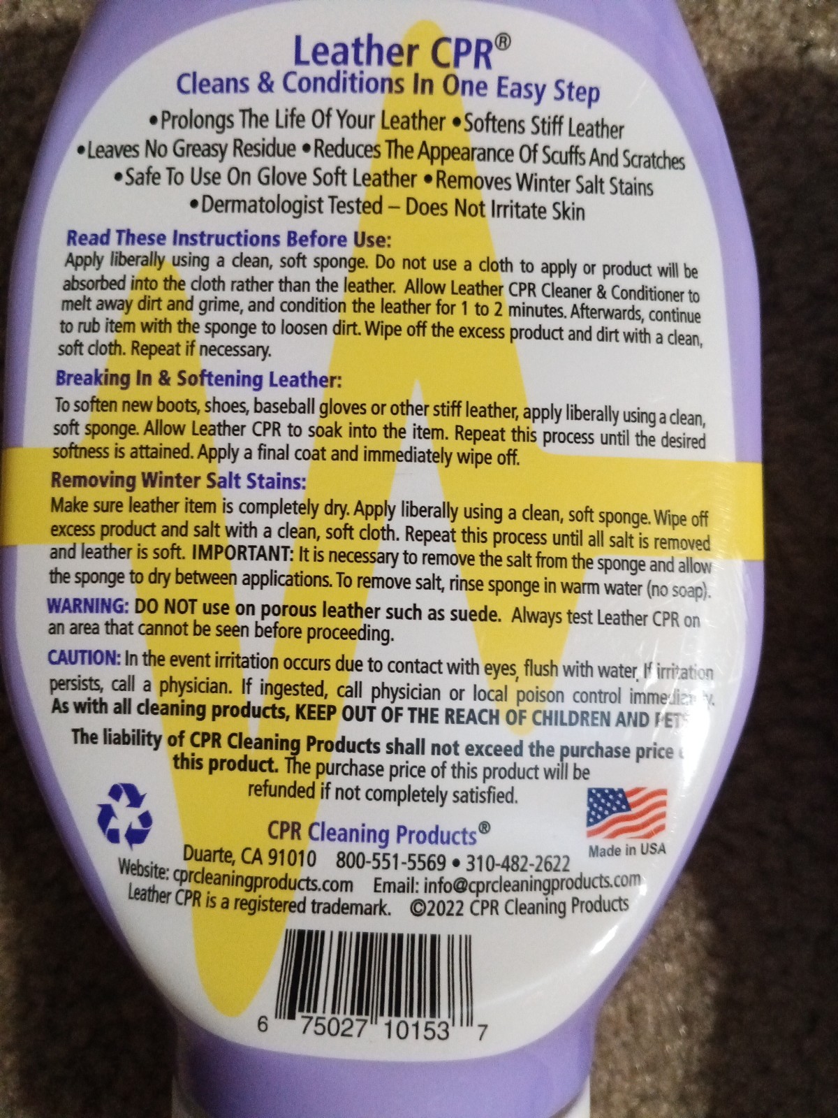 2 Bottles Leather CPR Cleaner & Conditioner 18oz Each As Seen On TVNEW (Exp 7-26