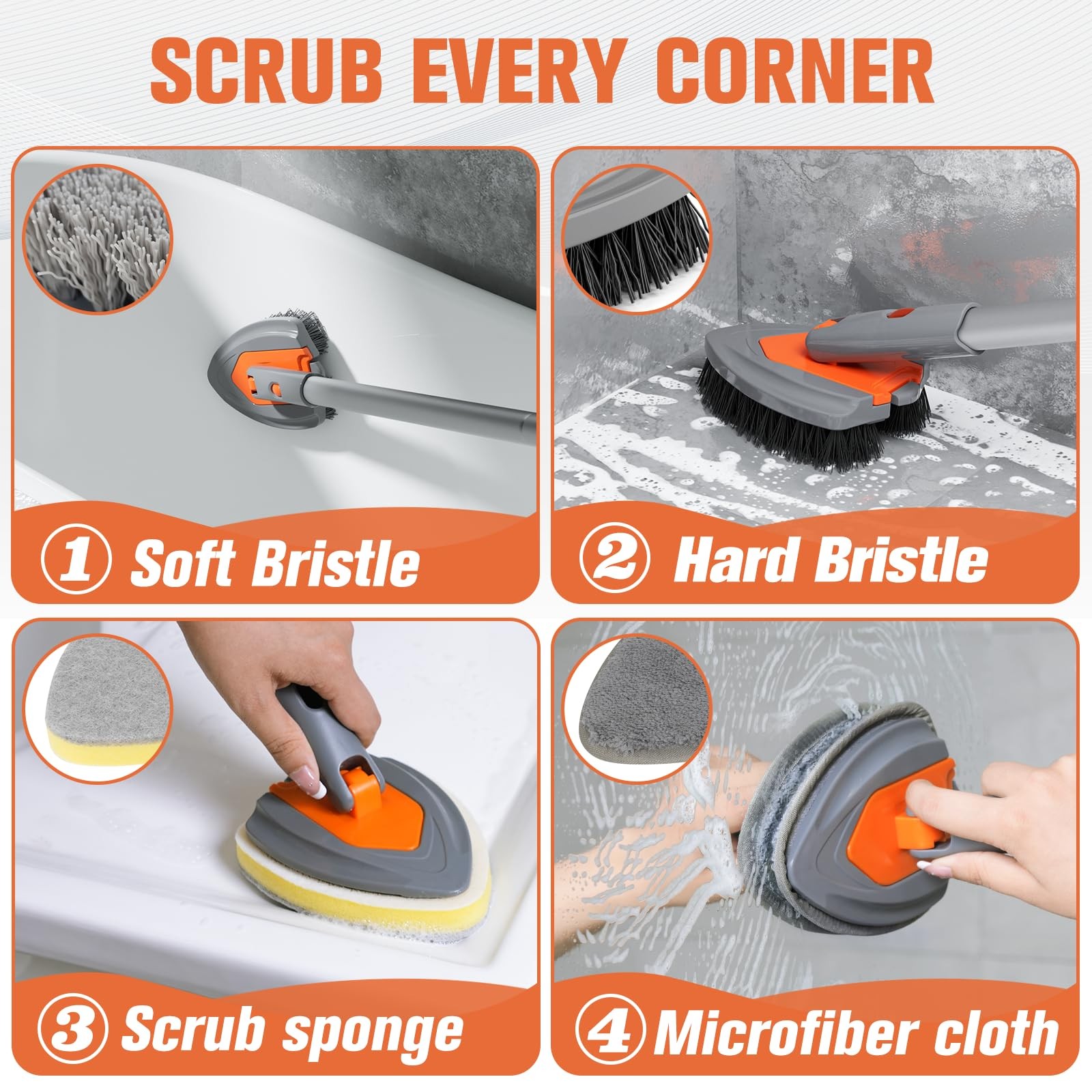 4-in-1 Long-Handled Tub Scrubber-Versatile Bathroom Cleaning Brush with Showe…