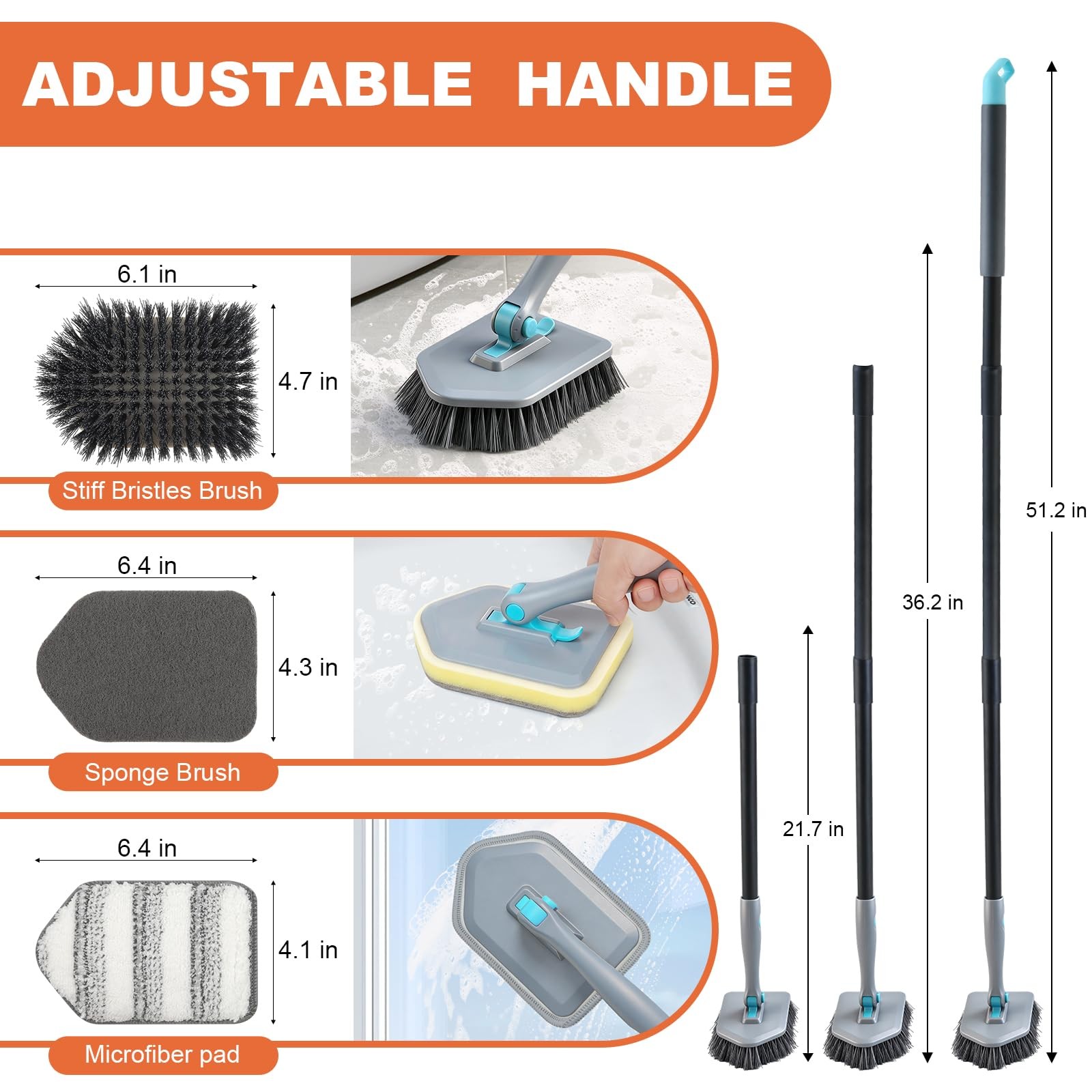 Long Handled Scrub Brush for Shower,3-in-1 Cleaning Brushes with 3 Different …