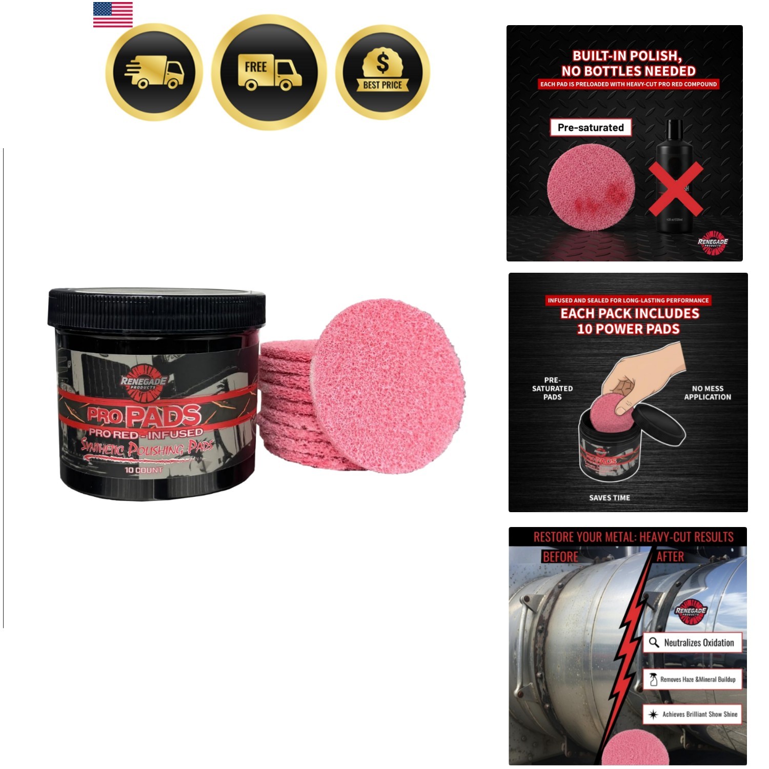 Renegade Pro Pads – Pre-Saturated Red Metal Polishing Pads for Aluminum & Sta…