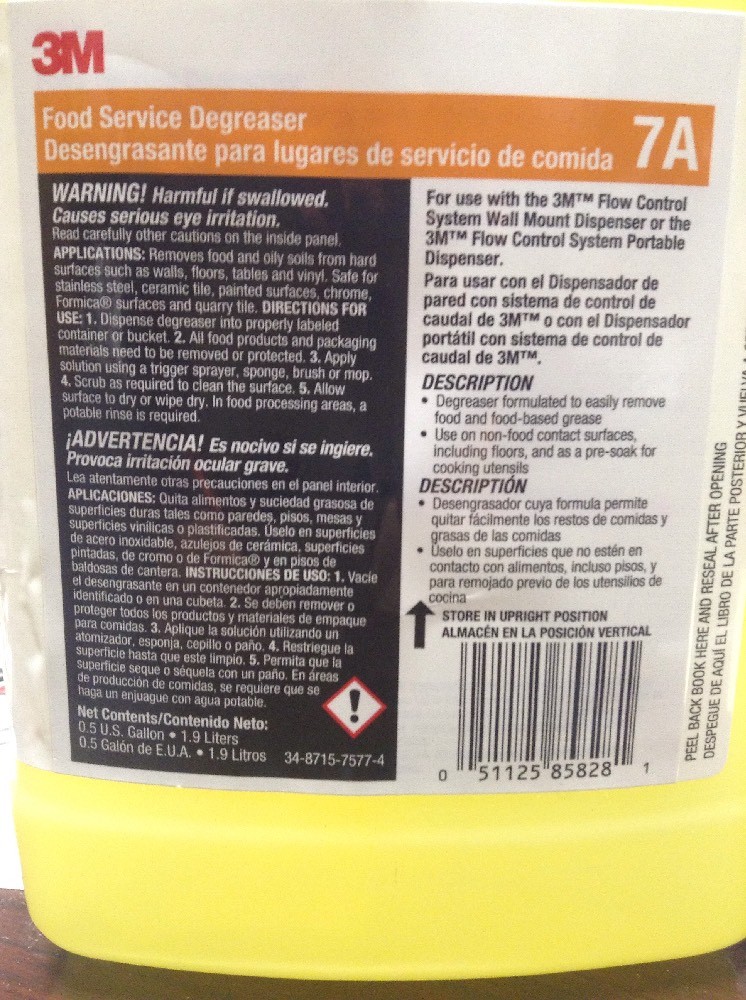 Food Service Degreaser, Yellow ,3M, 7A. 39CZ54 Yield per Container 149 Gallons.!