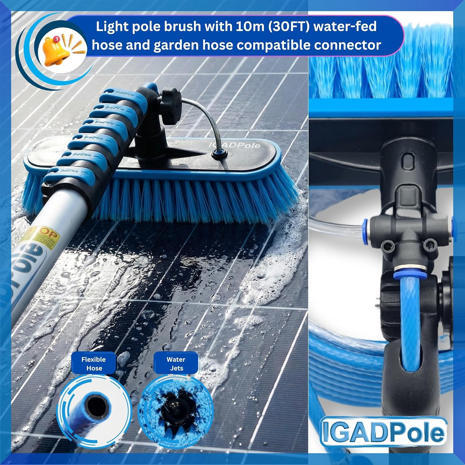 pole 28 FT Water-Fed Washing Kit with Soap-Dispenser, Brush, 10″ Squeegee & Cobw