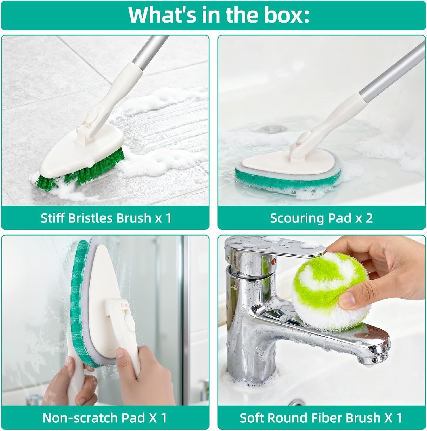 4-in-1 Tub and Tile Shower Scrubber, 51” Bathtub Cleaning Brush with Long Ha…