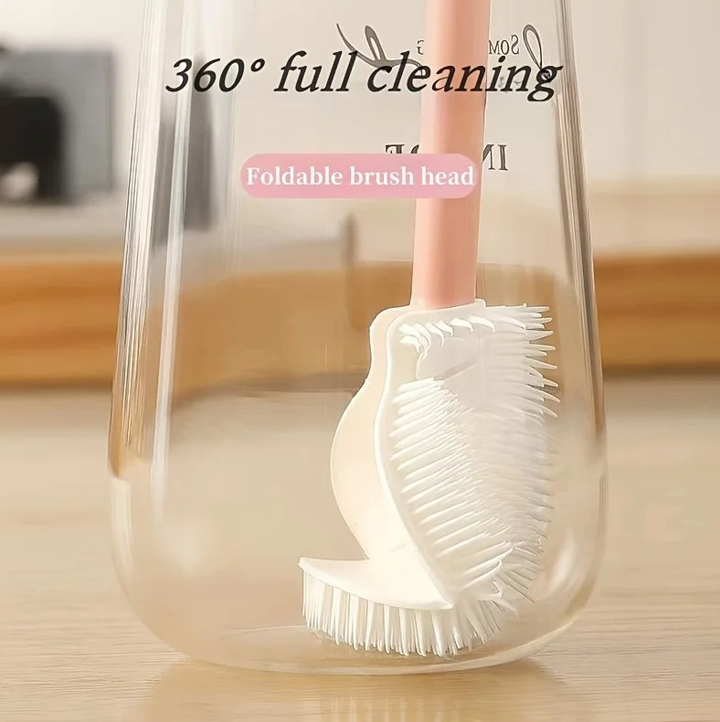 1pc Foldable 360° Silicone Cleaning Brush with Long Handle for Bottles & Cups