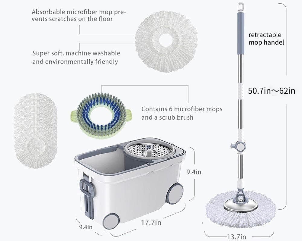 Limpieza De Pisos Microfibra Trapeador Giratorio 360 De Acero Inoxidable Systema