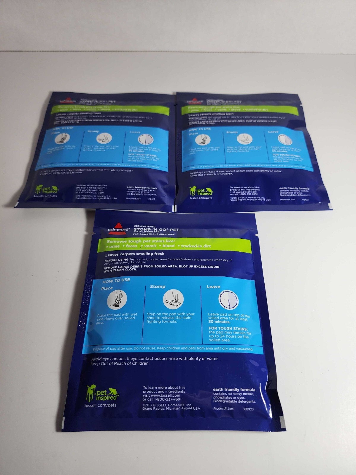3 Packs (1 Per Pack) Bissell Stomp ‘N Go Pet Stain Lifting Pads +Oxy Cleaner