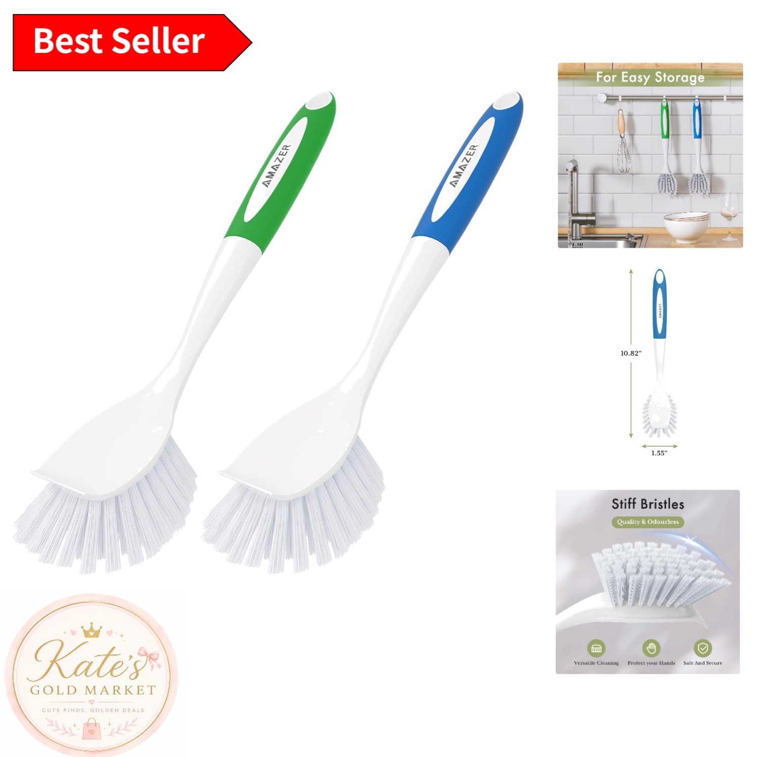 2 Pack Ergonomic Dish Brushes with Stiff Bristles for Effortless Cleaning