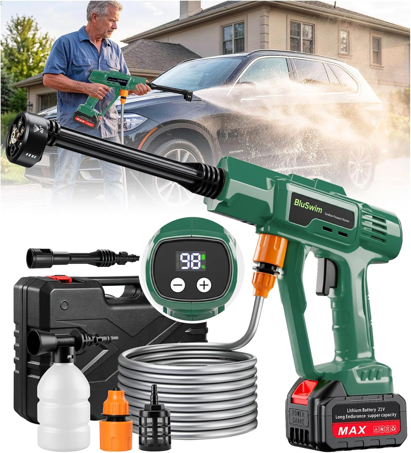 Cordless Car Cleaning Tool with LCD Display, Portable Vehicle Cleaner with Brush