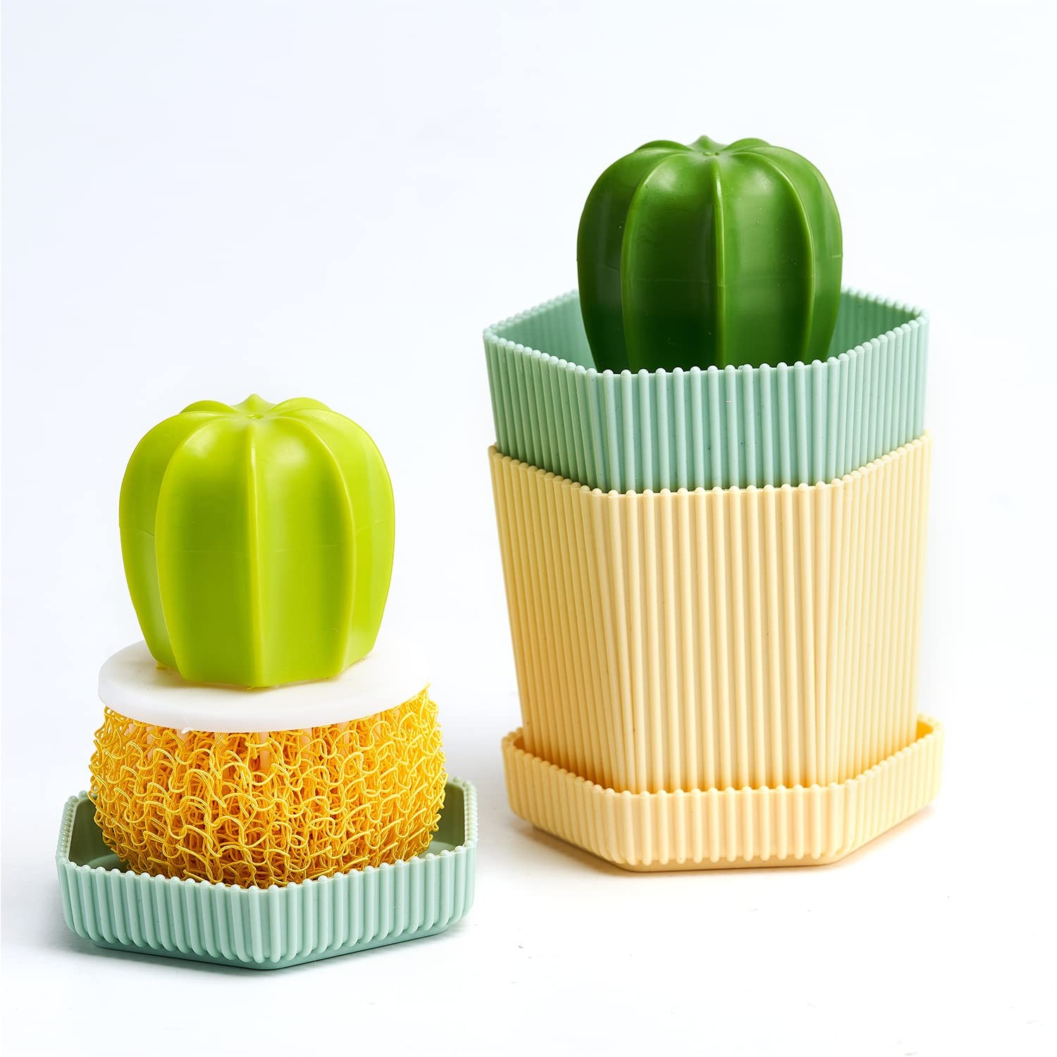 Cactus Mini Dish Brush Set with Drip Tray (3 Brushes), Durable Kitchen Cleani…