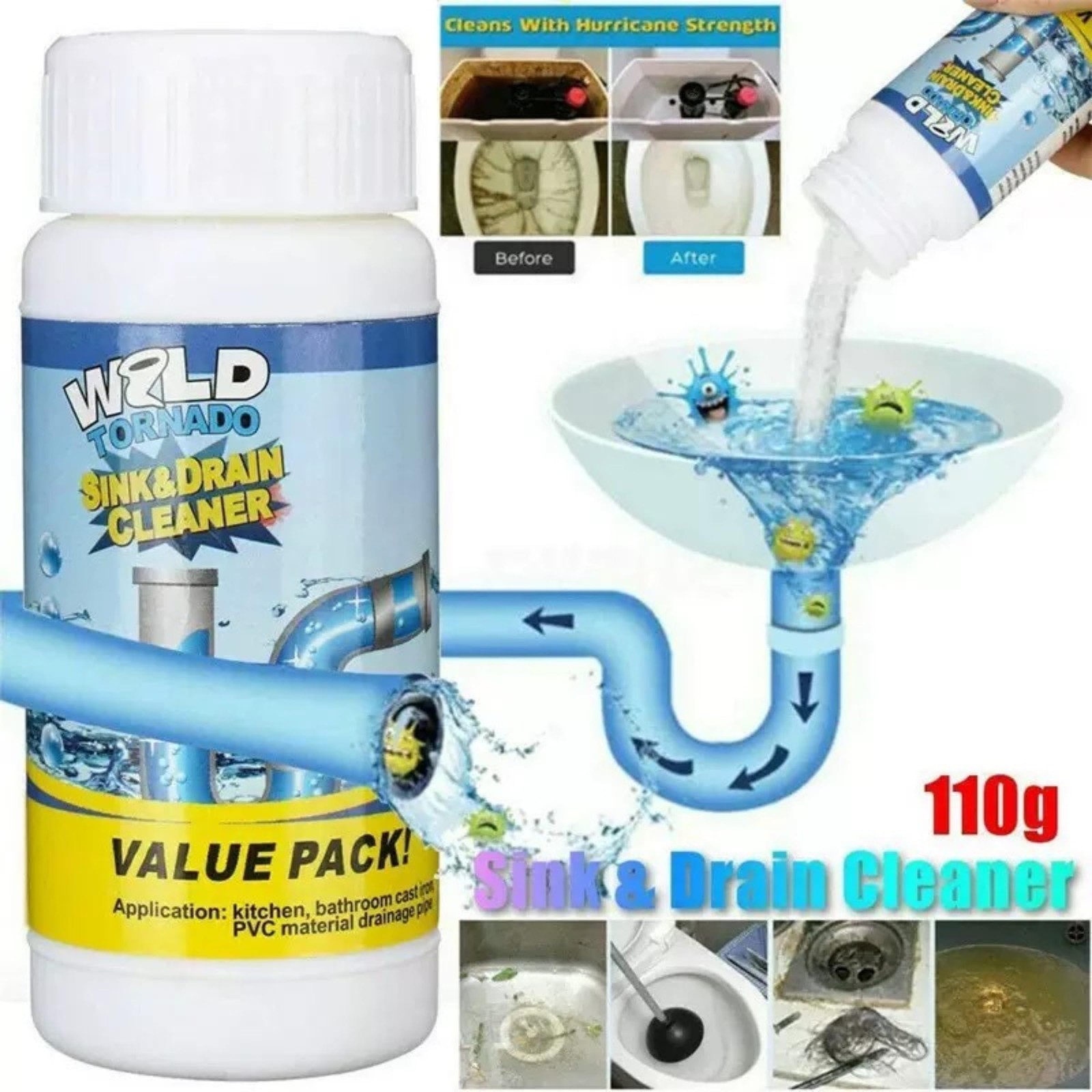 2Pcs Upgraded Wild Tornado Sink and Drain Cleaner, Pipe Dredge for Kitchen, Bath