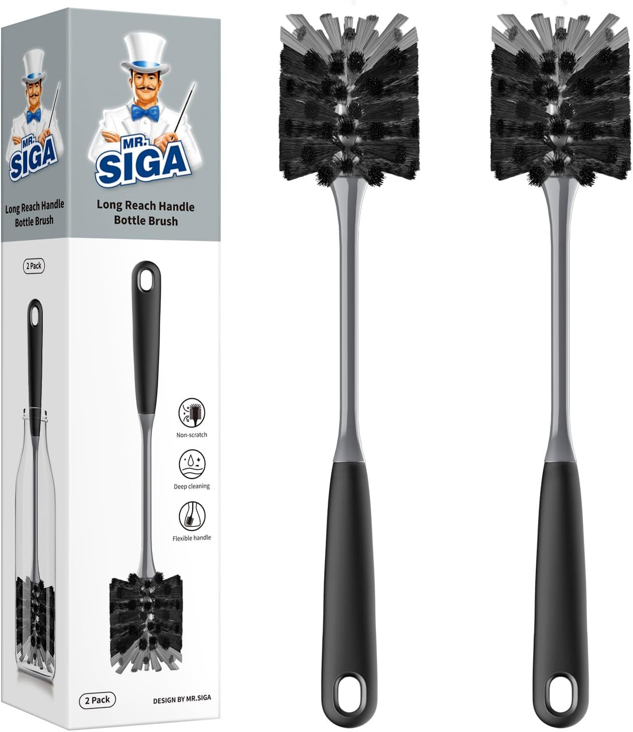 MR.SIGA Bottle Brush with Long Handle, Flexible Brush for Water Bottles, Glass