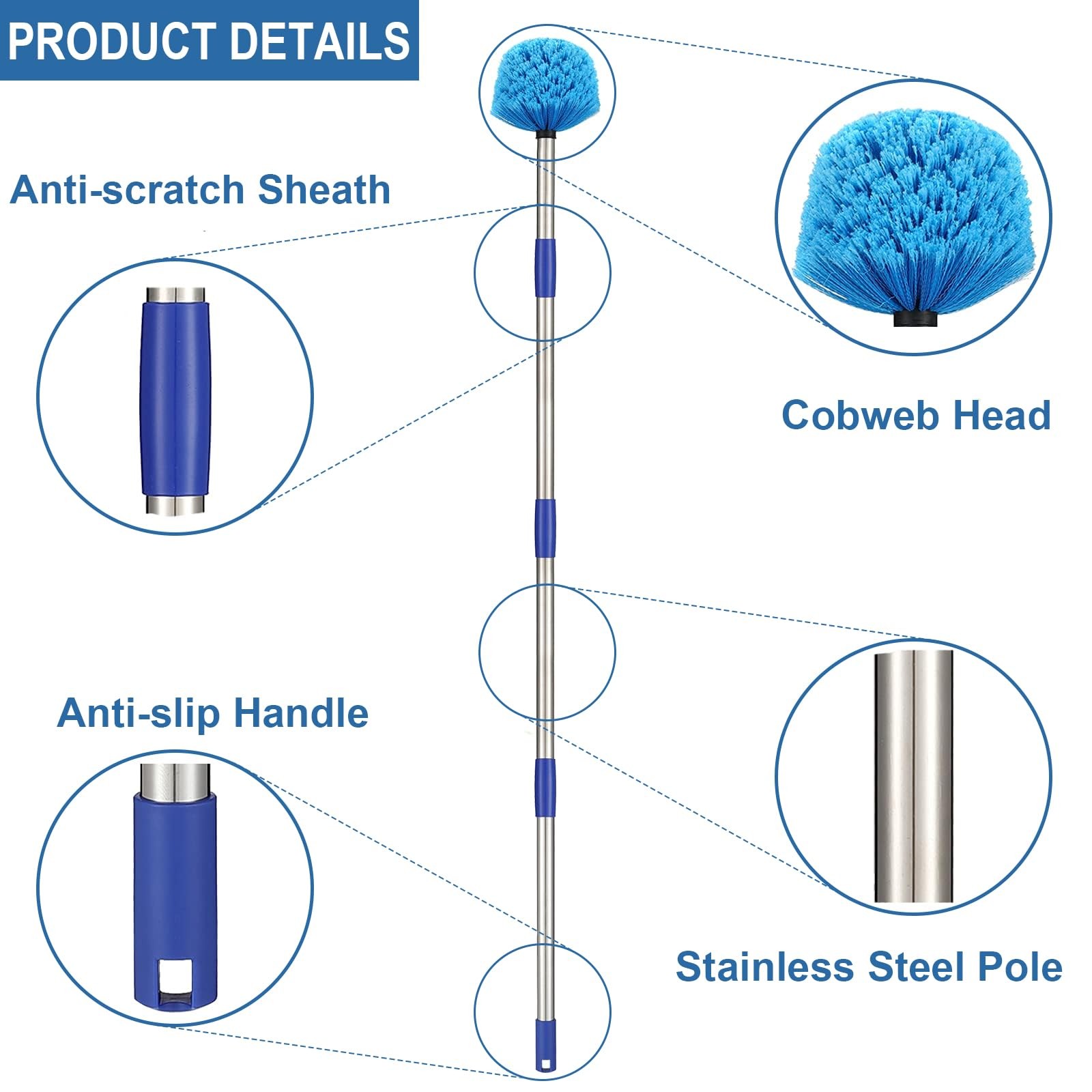 Cobweb Duster with Pole, 4ft Stainless Steel Pole Cobweb Brush with Medium-St…