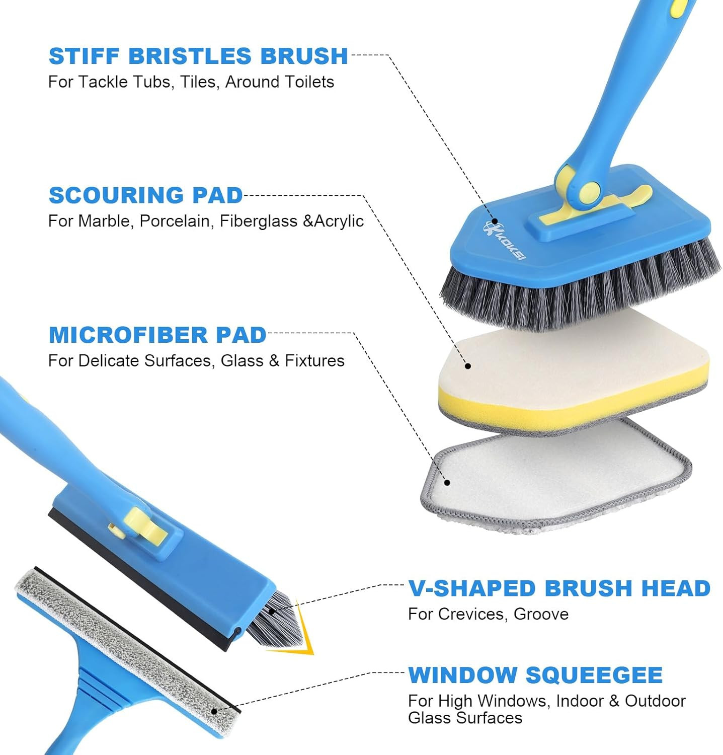 Tile Tub Scrubber Brush with 5 Different Function Cleaning Heads and 51″ Extenda