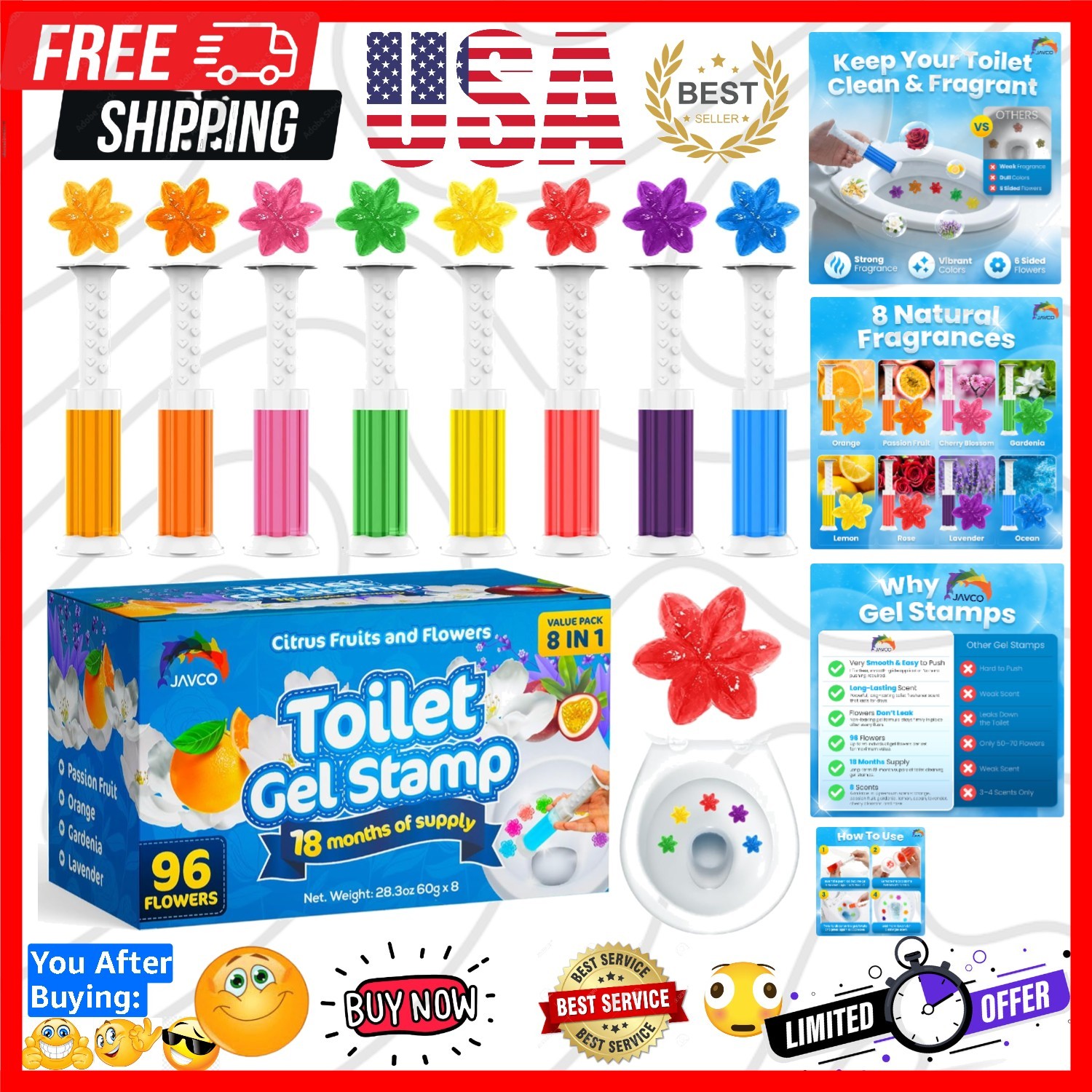 Toilet Gel Stamps, 96 Flower Stamps Toilet Bowl Freshener, Long Lasting Toile…