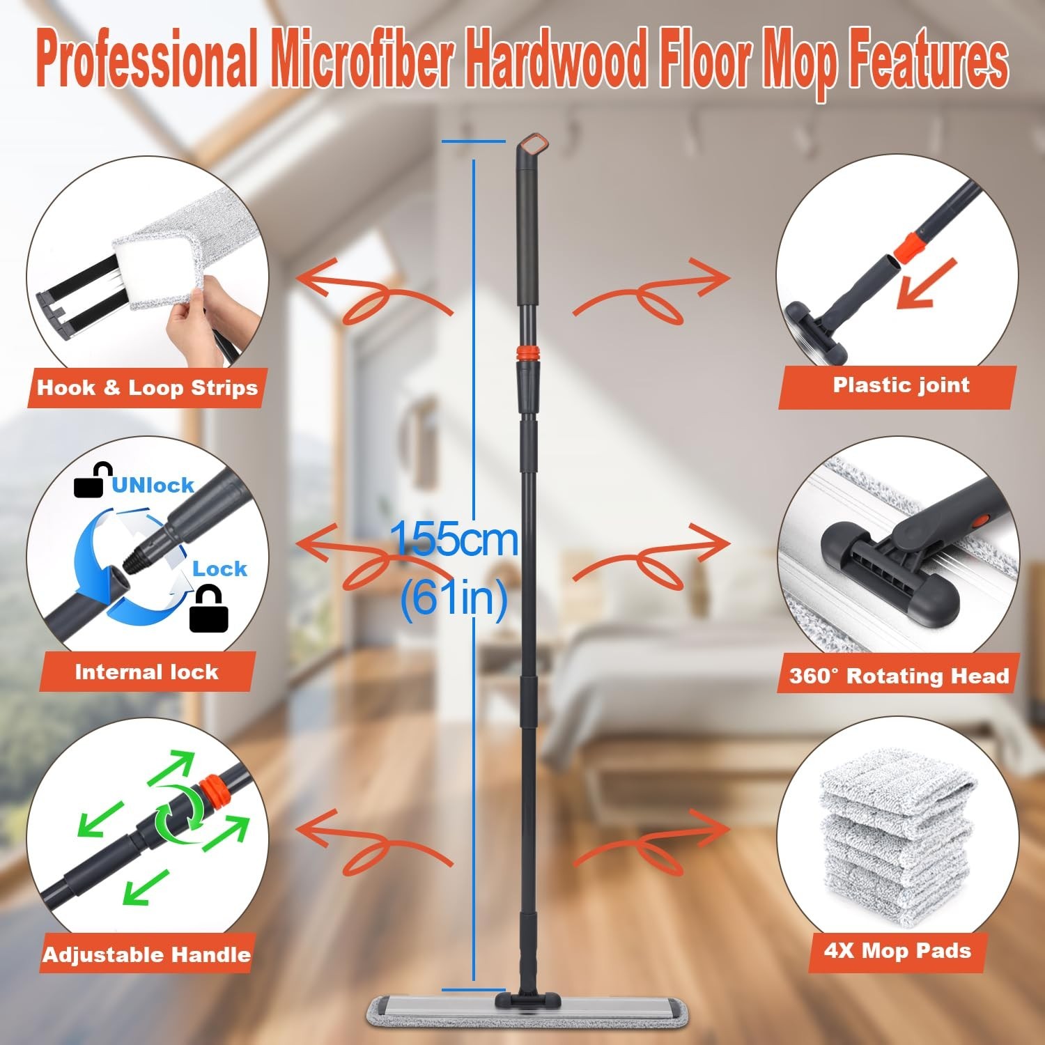 18 Professional Microfiber Mop Large Flat Mops for Floor Cleaning 4 Reusable …