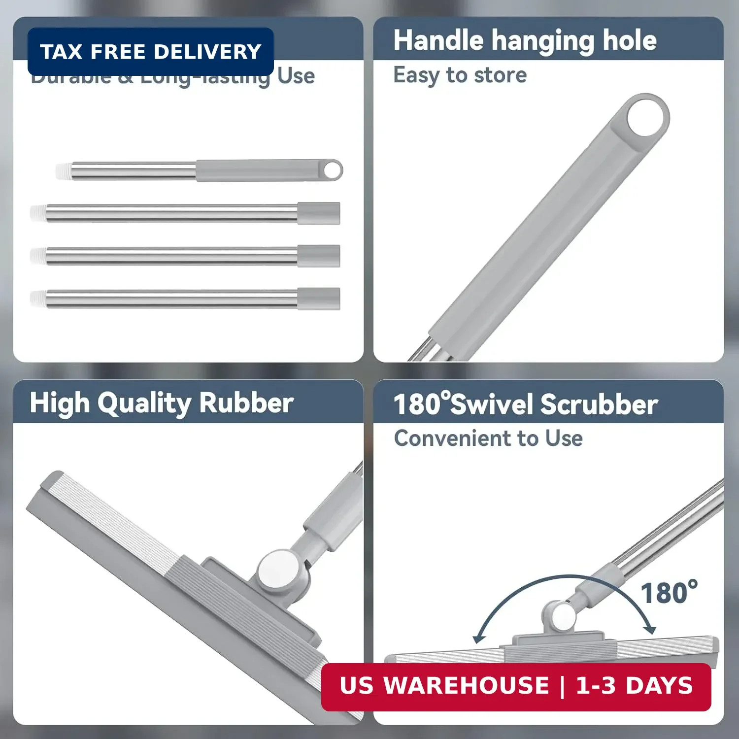 Floor Squeegee with 180° Rotating Head, Squeegee for Floor with 52” Long Handle