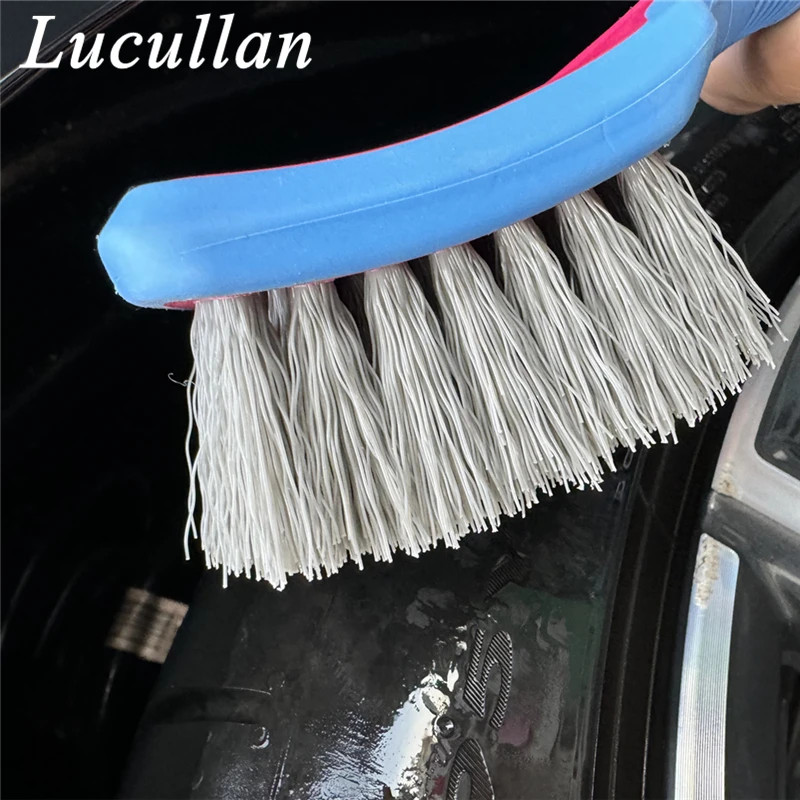 Lucullan Tire Cleaning Brush Medium Stiff Synthetic Bristles Ergonomic Grip Pink