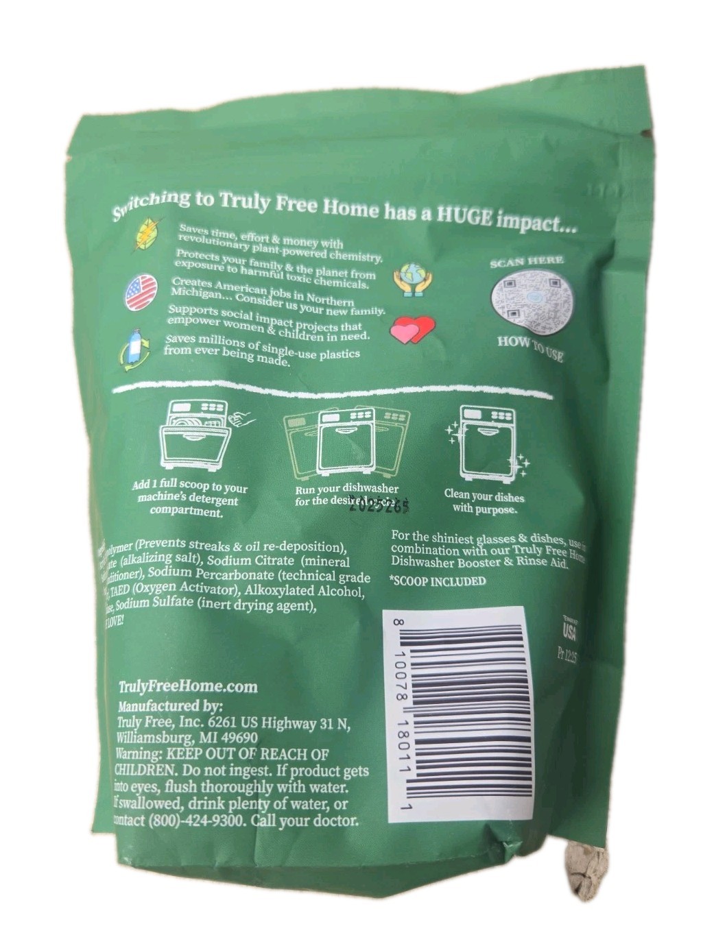 Truly Free Non-Toxic DISHWASHER SOAP 25 Loads/ea. *LOT Of 15 Packs 375 Loads