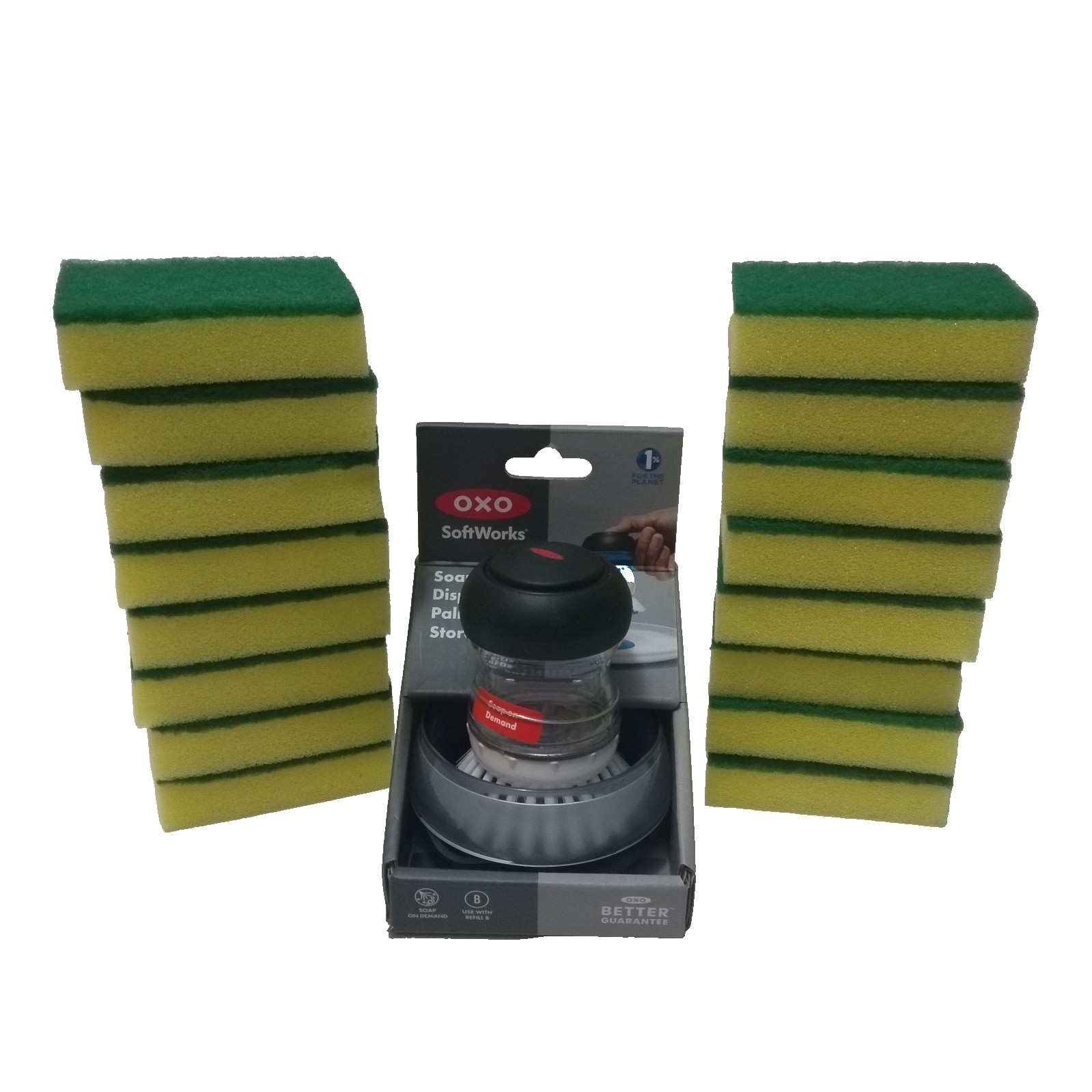 Oxo soap dispensing palm brush storage set and 16 Unbranded Scrub Sponges